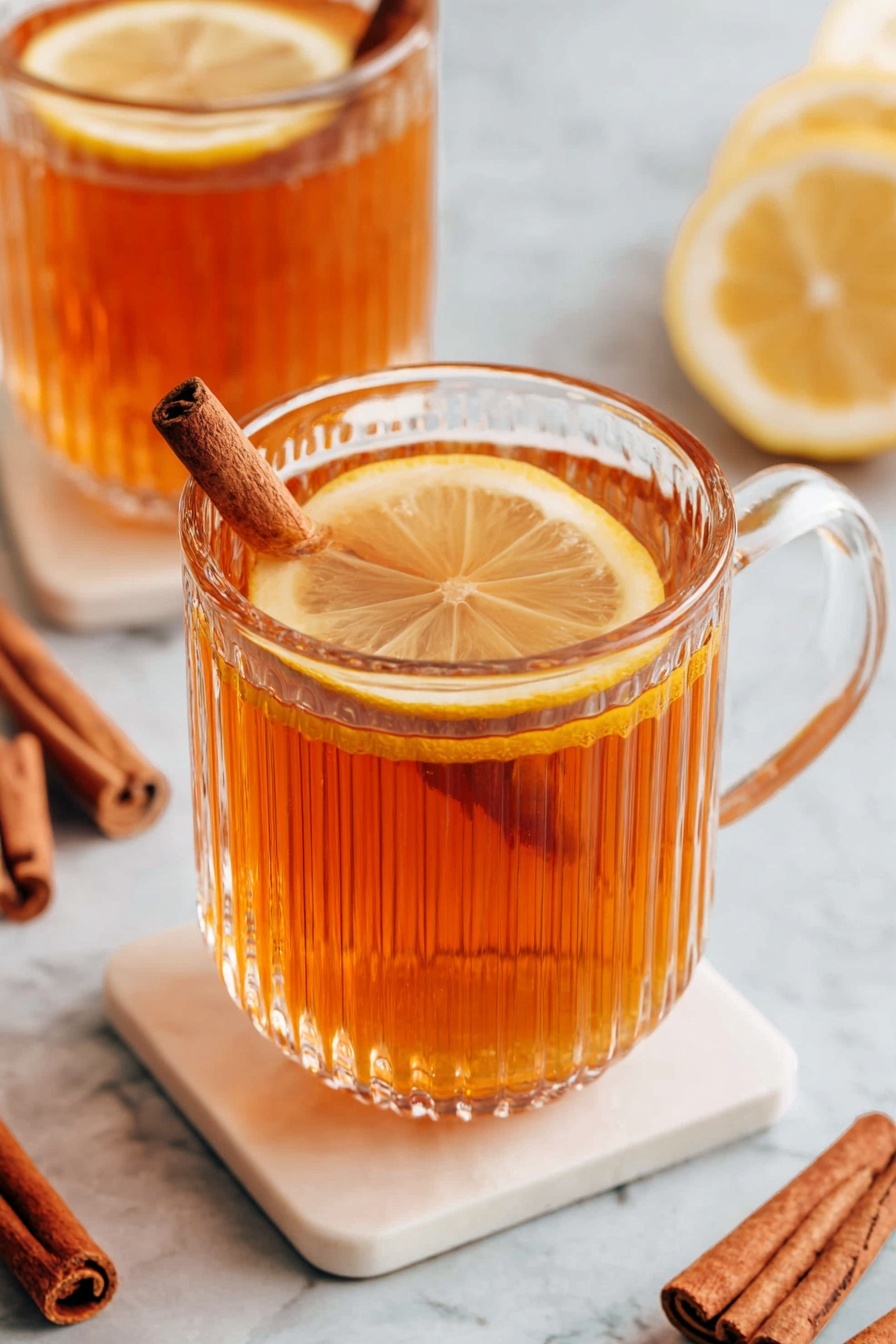 A clear glass cup with vertical ridges is filled with warm amber tea, topped with a thin round lemon slice floating on the surface. A single cinnamon stick rests horizontally on the rim of the cup. The cup sits on a white marbled square coaster, with more cinnamon sticks scattered nearby on a white marbled surface. Another similar cup with the same tea and garnish is placed slightly out of focus in the background. Photo taken with an iphone --ar 2:3 --v 7 - Non-Alcoholic Spiced Hot Toddy, warm non-alcoholic drinks, cozy hot beverages, soothing hot toddy recipe, comforting winter drinks