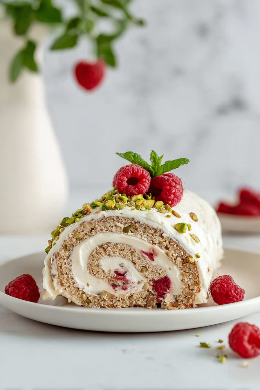 A single slice of a rolled cake is shown on a white plate, featuring two main layers: a light brown cake layer with visible bits of nuts or seeds, and a thick white cream filling spiraled inside. Small red fruit pieces, likely raspberries, are embedded within the cream filling. The outside of the roll is coated in white cream and topped with chopped green pistachios, two fresh raspberries, and a small green mint leaf. The background is softly blurred with a white marbled surface and a white vase containing green leaves and a single hanging raspberry. A few loose raspberries are scattered near the plate. Photo taken with an iphone --ar 2:3 --v 7 - Christmas Raspberry Pistachio Roulade, festive roulade dessert, holiday raspberry pistachio cake, Christmas nutty sponge roll, easy holiday roulade