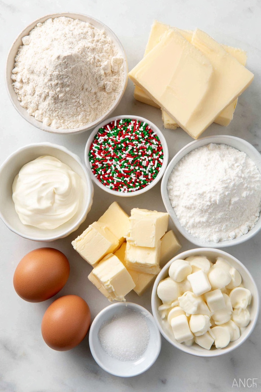 Flat lay of a small mound of all-purpose flour, a small pile of fine white granulated sugar, two whole large brown eggs with clean shells, a half cup of unsalted butter cut into chunks, a small white bowl of Christmas sprinkles in red, green, and white colors, a small white bowl of smooth sour cream, a small white bowl of heavy cream, a block of cream cheese with a creamy texture and slight gloss, a small white bowl of white chocolate chips, a small white bowl of milk, a small white bowl of pure vanilla extract, a pinch of salt spilled delicately, and a tiny white bowl of baking soda, all arranged symmetrically and balanced, placed on a clean white marble surface, soft natural light, photo taken with an iPhone, professional food photography style, fresh ingredients, white ceramic bowls, no bottles, no duplicates, no utensils, no packaging --ar 2:3 --v 7 --p m7354615311229779997 - Sugar Cookie Cheesecake, festive cheesecake dessert, no-bake cookie cheesecake, holiday cookies dessert, creamy cheesecake with cookie crust