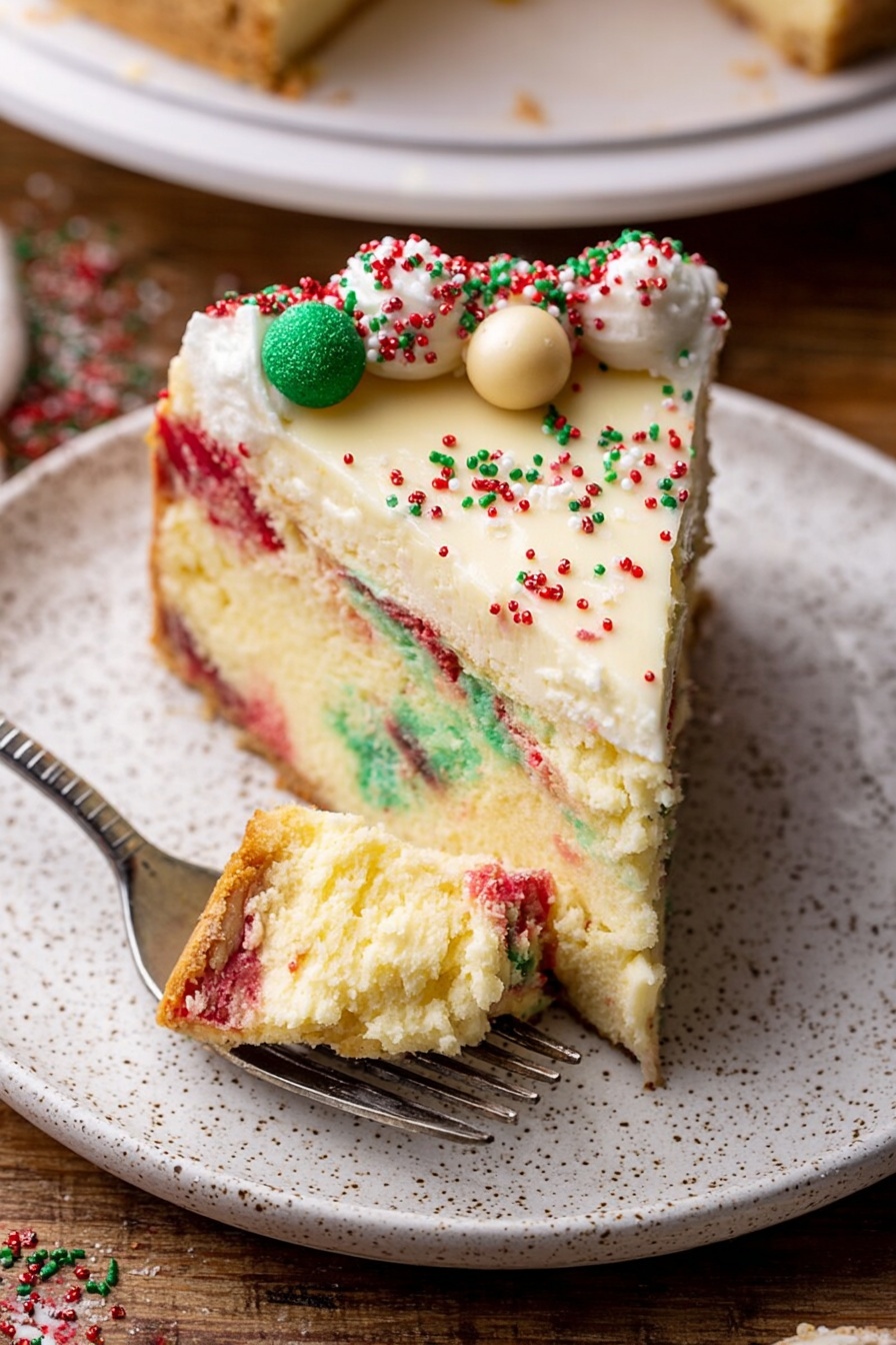 A slice of colorful cheesecake on a white speckled plate, showing two main layers: the bottom layer is a creamy yellow cheesecake with red and green spots inside it, and the top layer is a thicker cake with visible red and green patches. The edge of the cheesecake is decorated with white frosting and small red, green, and white sprinkles, along with small round beige balls with sprinkles. A silver fork rests on the plate, holding a bite-sized piece of cheesecake. The background is a wooden surface, with some sprinkles scattered around the plate photo taken with an iphone --ar 2:3 --v 7 - Sugar Cookie Cheesecake, festive cheesecake dessert, no-bake cookie cheesecake, holiday cookies dessert, creamy cheesecake with cookie crust
