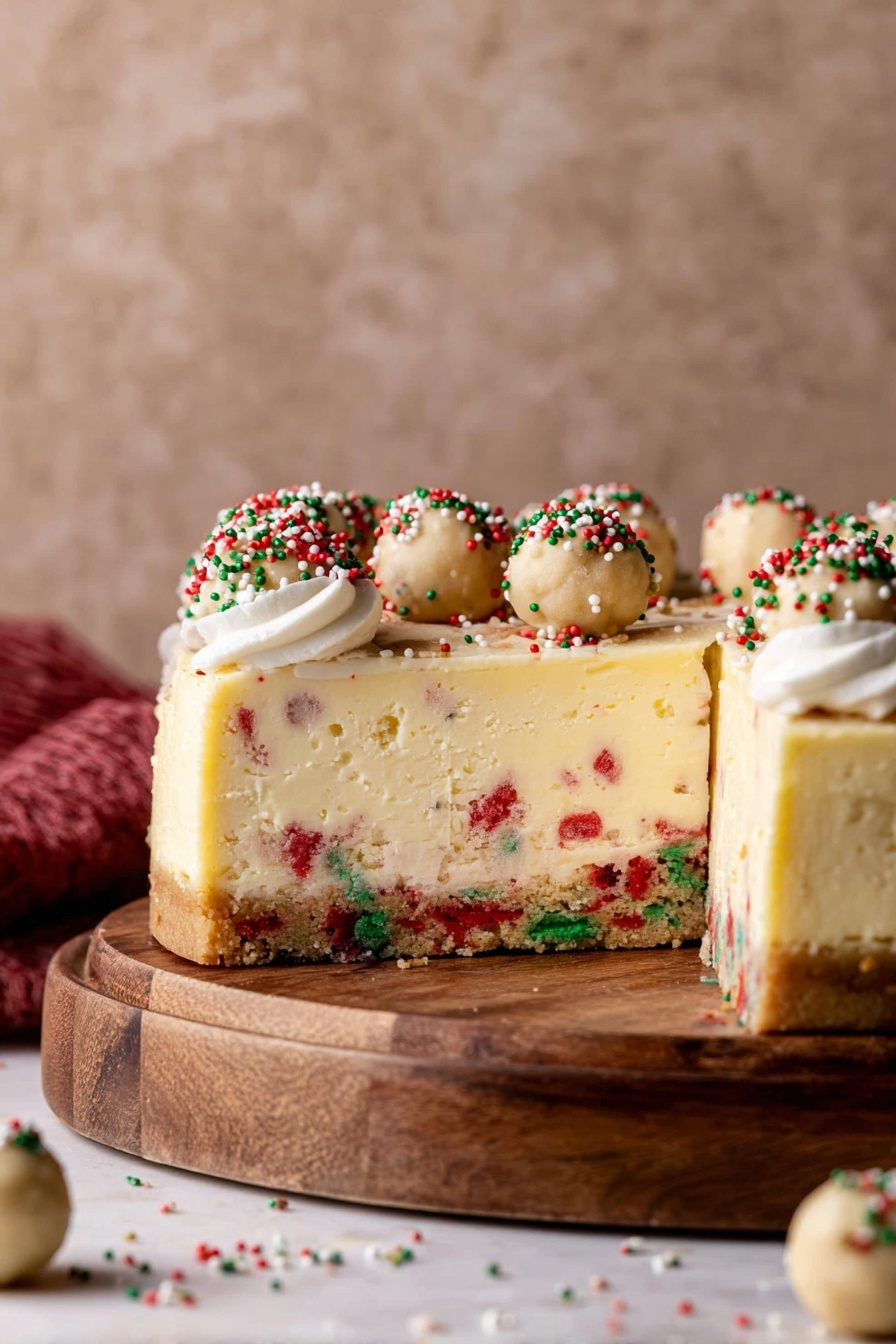 The image shows a slice of cake with three main layers on a white plate with brown speckles, placed on a white marbled surface. The bottom layer is thick and chewy with colorful red and green spots mixed in, looking like cookie dough. The middle layer is creamy and smooth with a pale yellow color and faint red and green spots inside. The top layer is a thin smooth frosting in light cream color, decorated with red, green, and white small round sprinkles, and two small round cookie-like balls on the top right. A silver fork lies next to the slice on the plate. In the background, there is a blurred look of another slice of cake and a gold decorative ball. Photo taken with an iphone --ar 2:3 --v 7 - Sugar Cookie Cheesecake, festive cheesecake dessert, no-bake cookie cheesecake, holiday cookies dessert, creamy cheesecake with cookie crust