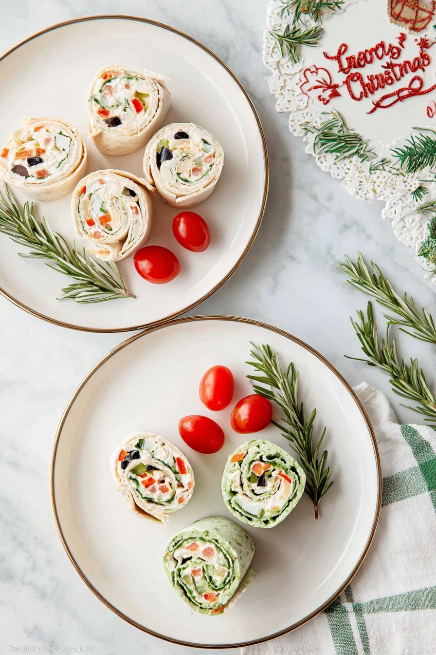 Two white plates with thin gold rims sit on a white marbled surface. Each plate holds five pinwheel sandwiches with two types of wraps—light beige and green spinach. The beige wraps have a creamy white filling with visible small pieces of black olives and red bell peppers, while the green wraps have a similar creamy filling with red bell peppers and other finely chopped vegetables. Each plate also includes two small bright red grape tomatoes. Beside the plates, fresh green rosemary sprigs lie on the white marbled surface next to a festive Christmas decoration with red and green text. A white napkin with green stripes is partially visible on the right side of the image. photo taken with an iphone --ar 2:3 --v 7 - Christmas Olive Cream Cheese Pinwheels, festive appetizer recipes, holiday appetizer ideas, quick party appetizers, Christmas snacks