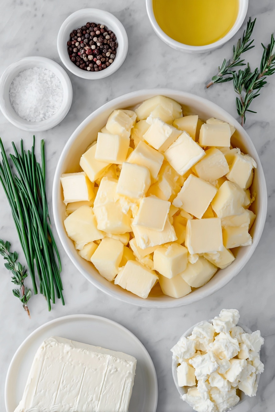 Flat lay of peeled and cubed russet potatoes in a simple white ceramic bowl, a few small cubes of cold salted butter scattered neatly, a small white ceramic bowl filled with melted butter, cubed cream cheese on a white plate, a small white bowl containing half and half, a small white bowl with coarse salt, a small white bowl with whole black peppercorns, and a few fresh green chive sprigs placed elegantly beside the ingredients, all arranged symmetrically and balanced, placed on a clean white marble surface, soft natural light, photo taken with an iPhone, professional food photography style, fresh ingredients, white ceramic bowls, no bottles, no duplicates, no utensils, no packaging --ar 2:3 --v 7 --p m7354615311229779997 - Creamy Baked Mashed Potatoes, creamy baked mashed potatoes, baked mashed potatoes recipe, cheesy baked mashed potatoes, flavorful mashed potato side dish