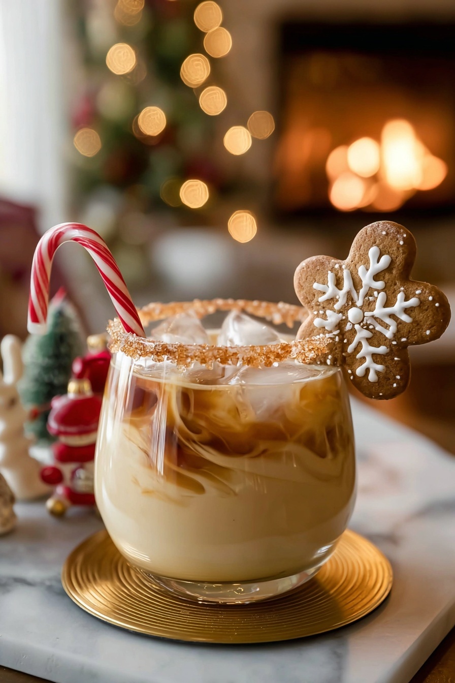 A short round glass filled with a creamy light beige drink with swirls of dark brown mixing in the middle and ice cubes floating at the top, the rim of the glass coated in sugar crystals that look light brown, a gingerbread cookie shaped like a flower decorated with white icing resting on the rim, and a small red and white striped candy cane sticking out beside it; in the background, small blurred Christmas decorations and a warm glowing fire add a cozy feeling, all placed on a shiny gold coaster over a white marbled surface. photo taken with an iphone --ar 2:3 --v 7 - Gingerbread White Russian Cocktail, holiday cocktail recipes, festive drinks, creamy holiday cocktails, gingerbread liquor drinks