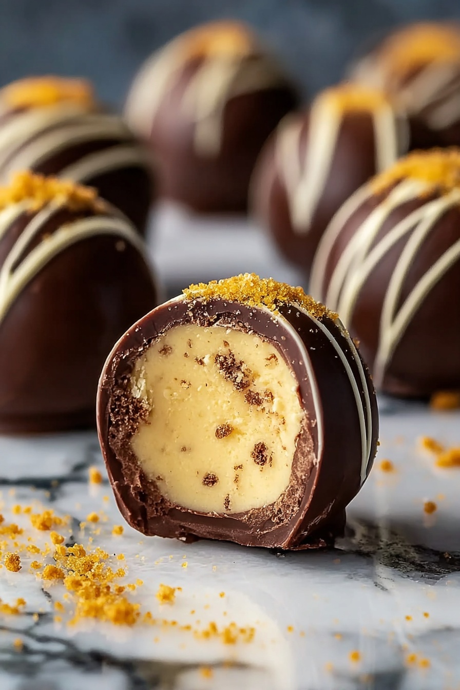 The image shows a round chocolate truffle with a glossy dark chocolate outer shell marked by white chocolate stripes, and the top is sprinkled with golden crumbs. The truffle is cut in half, revealing a creamy, light yellow inner filling with small brown flecks scattered inside. Several whole truffles are blurred in the background, all resting on a white marbled surface with scattered golden crumbs around them. Photo taken with an iphone --ar 2:3 --v 7 - Eggnog Chocolate Truffles, festive holiday truffles, white chocolate eggnog treats, homemade holiday chocolates, boozy holiday dessert