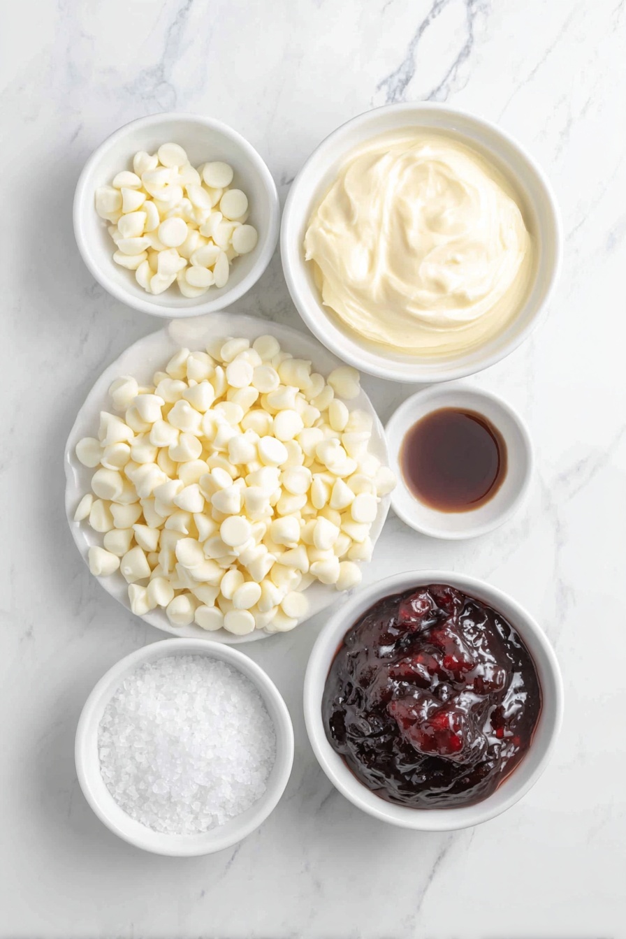 Flat lay of white chocolate chips scattered loosely, a small white ceramic bowl filled with thick sweetened condensed milk, a tiny white bowl holding clear vanilla extract, a small white bowl containing glossy seedless raspberry jam with a vibrant red color, and a pinch of coarse salt crystals on a white ceramic dish, all arranged symmetrically and balanced, placed on a clean white marble surface, soft natural light, photo taken with an iPhone, professional food photography style, fresh ingredients, white ceramic bowls, no bottles, no duplicates, no utensils, no packaging --ar 2:3 --v 7 --p m7354615311229779997 - White Chocolate Raspberry Fudge, raspberry fudge recipe, white chocolate dessert, fruity fudge treats, easy fudge recipes