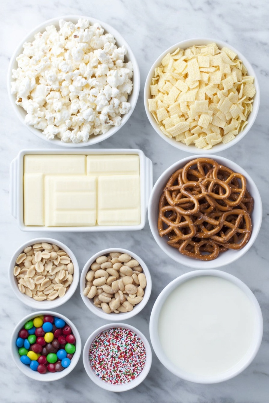 Flat lay of a small white ceramic bowl filled with fluffy Rice Chex cereal, another bowl with crunchy Corn Chex cereal, a third white bowl holding round Cheerios cereal, a white ceramic dish with twisted gluten-free pretzels, a small white bowl of salted peanuts, a white bowl containing red and green milk chocolate M&M candies, a larger white bowl with smooth white vanilla almond bark candy melts, and a tiny white bowl of festive red and green nonpareil sprinkles, all arranged in perfect symmetry and balanced proportions, placed on a clean white marble surface, soft natural light, photo taken with an iPhone, professional food photography style, fresh ingredients, white ceramic bowls, no bottles, no duplicates, no utensils, no packaging --ar 2:3 --v 7 --p m7354615311229779997 - Festive Gluten-Free Christmas Chex Mix, gluten-free holiday snack, easy Christmas party treats, festive holiday snack recipes, gluten-free Christmas ideas