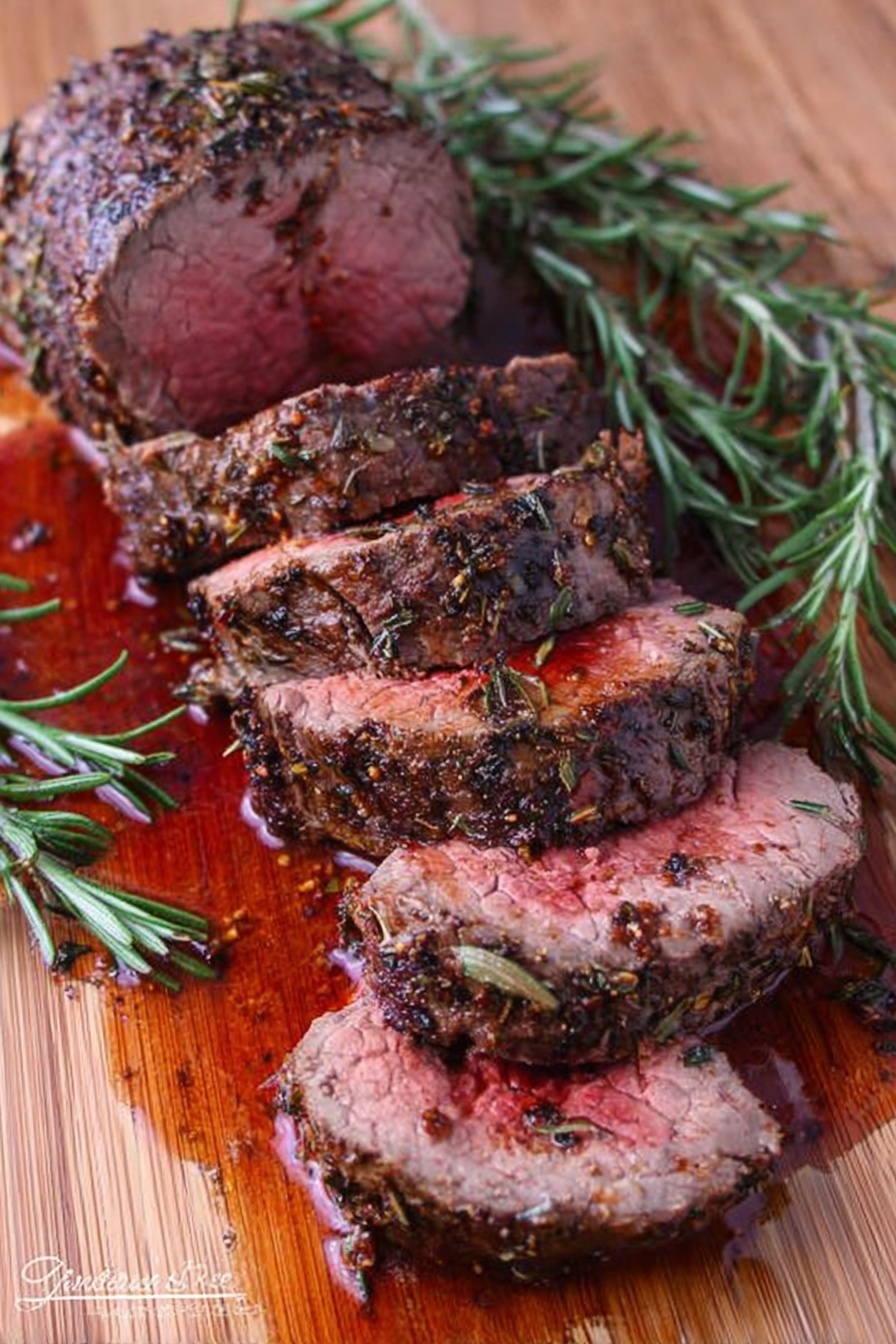 The image shows a wooden cutting board with a piece of cooked beef roast, sliced into six thick pieces. The outer edges of the beef are dark brown and seasoned with herbs, while the inside is a bright pinkish-red color, indicating it is cooked medium rare. The beef is surrounded by fresh sprigs of rosemary, and there is a pool of reddish-brown juices around the meat, adding shine and moisture to the scene. The cutting board has a warm, natural wood grain texture that contrasts with the vibrant meat and green herbs. photo taken with an iphone --ar 2:3 --v 7 - Oven-Roasted Beef Tenderloin with Garlic Butter, Roast Beef Tenderloin, Garlic Butter Beef, Elegant Roast Beef Recipe, Juicy Beef Tenderloin