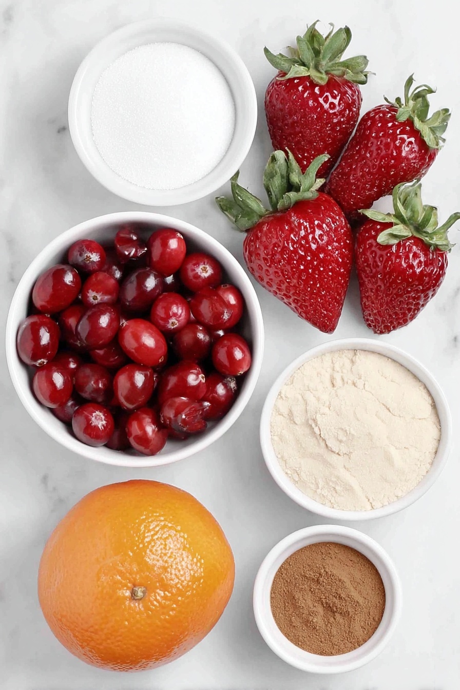 Flat lay of fresh bright red cranberries scattered in a small pile, ripe whole strawberries with green leaves attached, a small white ceramic bowl filled with fine white granulated sugar, another small white ceramic bowl with soft light brown sugar, a small white ceramic bowl containing warm reddish-brown ground allspice powder, a small white ceramic bowl with medium brown ground cinnamon powder, a small white ceramic bowl holding pale beige ground ginger powder, and one whole fresh orange displaying bright orange skin alongside a few thin orange zest strips artistically arranged, all placed on a clean white marble surface, soft natural light, photo taken with an iPhone, professional food photography style, fresh ingredients, white ceramic bowls, no bottles, no duplicates, no utensils, no packaging --ar 2:3 --v 7 --p m7354615311229779997 - Easy Cranberry Strawberry Crockpot Jam, homemade cranberry strawberry jam, slow cooker fruit preserves, festive jam recipe, DIY fruit jam gifts