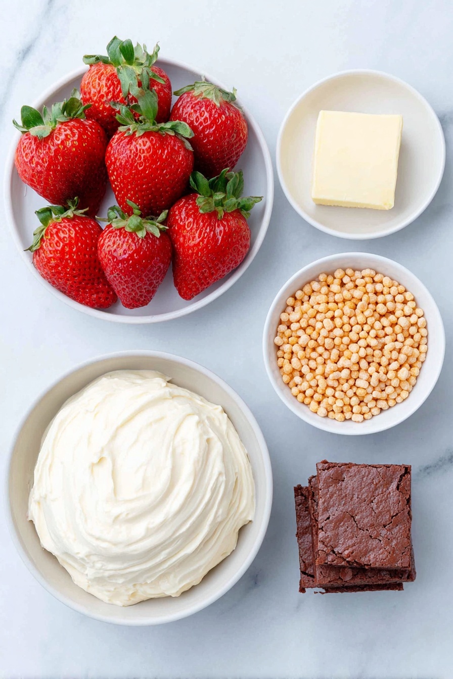 Flat lay of a neat arrangement featuring a stack of small, square chocolate brownie bites with rich texture, a mound of thick, creamy white cream cheese frosting in a simple white ceramic bowl, a cluster of bright red, fresh whole strawberries with their green leafy tops freshly removed, and a small white bowl filled with round, golden Reese’s Puffs cereal pieces, all placed on a clean white marble surface, soft natural light, photo taken with an iPhone, professional food photography style, fresh ingredients, white ceramic bowls, no bottles, no duplicates, no utensils, no packaging --ar 2:3 --v 7 --p m7354615311229779997 - Chocolate Brownie Gnome Bites with Strawberries, easy gnome dessert ideas, whimsical brownie treats, strawberry and cream cheese desserts, fun party snack recipes