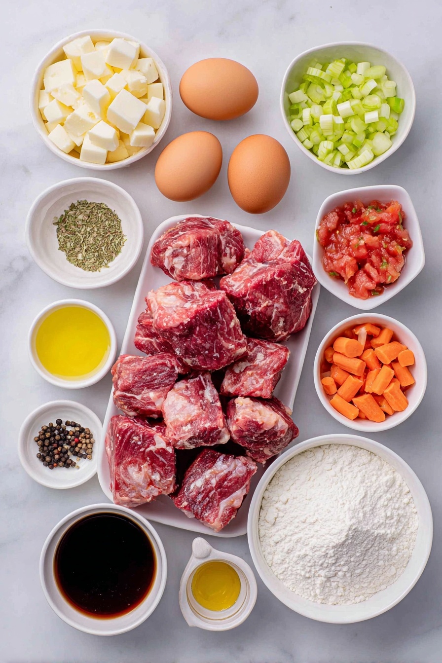 Flat lay of raw venison stew meat chunks, a small white bowl of all-purpose flour, two whole brown eggs with clean shells, a small white bowl of coarse salt, a small white bowl of black peppercorns, a small white bowl of golden avocado oil, quartered baby gold potatoes, diced large orange carrots, diced green celery stalks, diced white onion, whole garlic cloves unpeeled, a small white bowl of mixed dried Herbs de Provence, drained diced fresh red tomatoes in a small white bowl, a small white bowl of rich brown beef broth, a small white bowl of deep red dry red wine, a small white bowl of dark Worcestershire sauce, a small white bowl of fine white cornstarch placed on a clean white marble surface, soft natural light, photo taken with an iPhone, professional food photography style, fresh ingredients, white ceramic bowls, no bottles, no duplicates, no utensils, no packaging --ar 2:3 --v 7 --p m7354615311229779997 - Slow Cooker Venison Stew, venison stew recipe, hearty game meat stew, easy venison slow cooker, wild game stew recipe