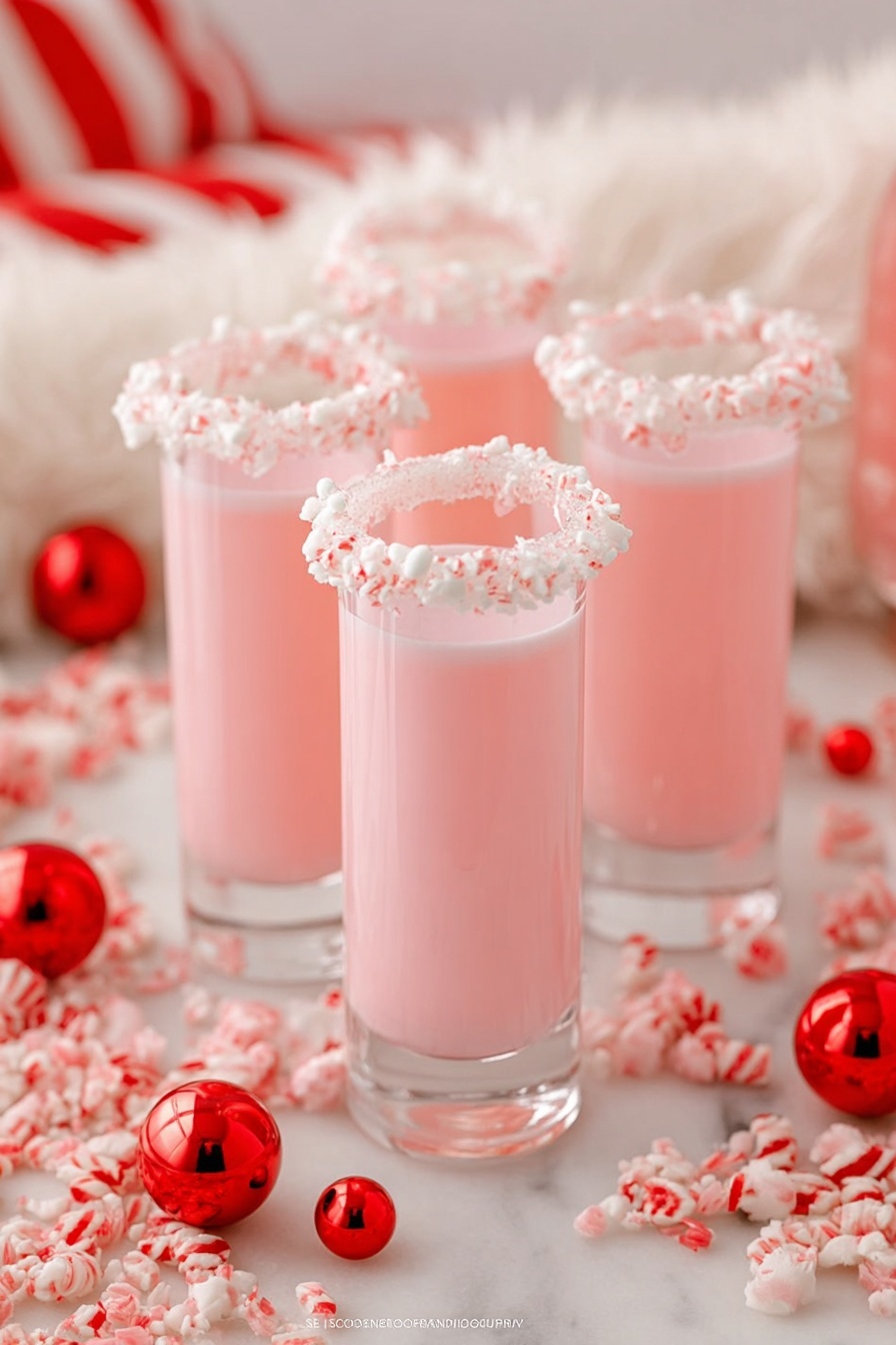 The image shows four tall clear glasses filled with a smooth, light pink drink. Each glass has a thick rim coated with white whipped cream and small white candy pieces around the edge. The glasses stand on a white marbled surface scattered with red and white peppermint candies and small shiny red balls, creating a festive look. In the background, there is a soft white fur cloth and some blurred red and white striped fabric. The scene is bright and colorful, giving a warm holiday feel photo taken with an iphone --ar 2:3 --v 7 - Candy Cane Shots with Peppermint Vodka, peppermint vodka drink, holiday shot recipes, festive holiday cocktails, peppermint cocktail ideas
