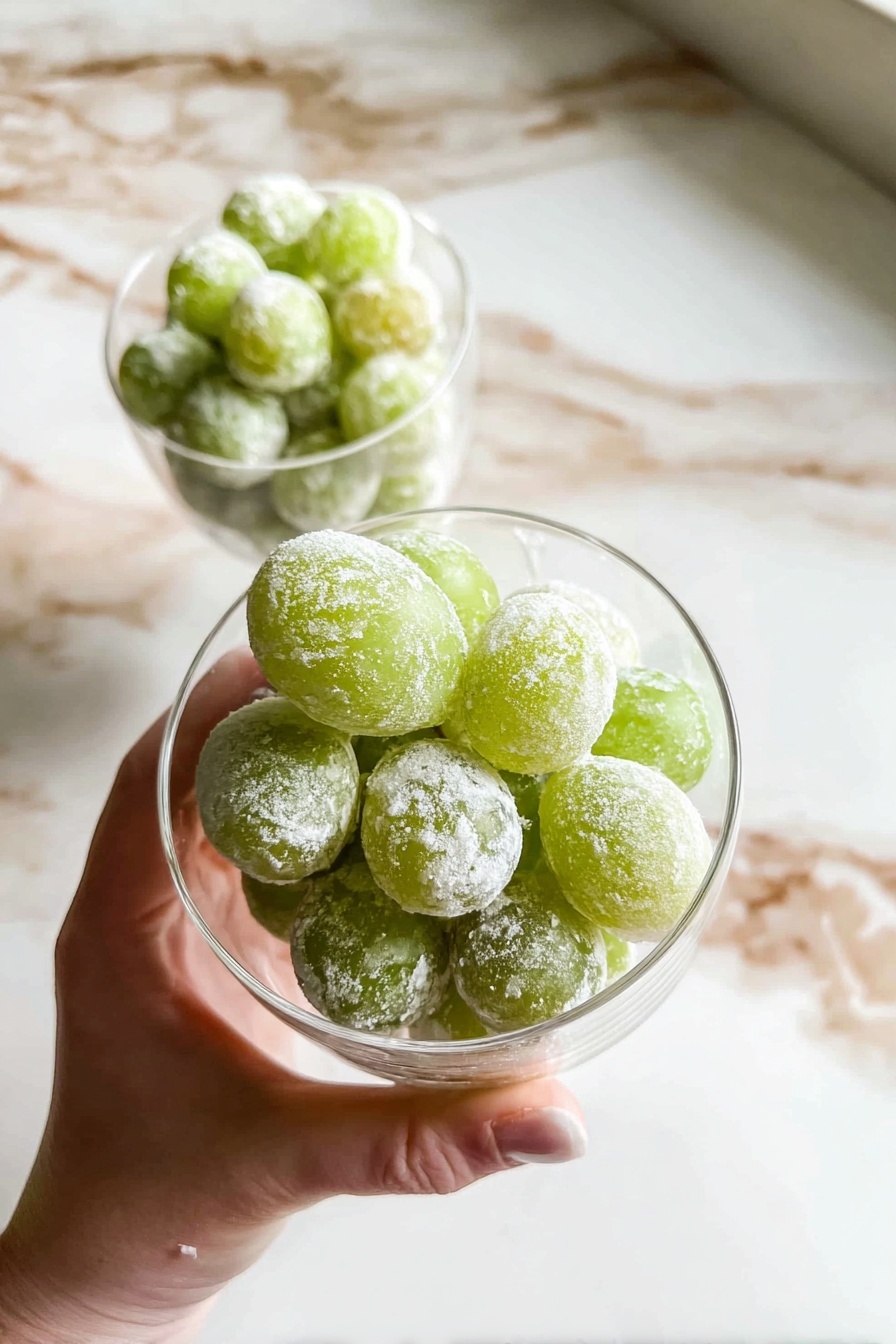 A close-up image shows a clear glass filled with green grapes covered in a white sugary coating. The glass is held by a woman's hand from below, with the grapes piled loosely inside. In the background, another similar glass sits slightly out of focus, also filled with these grapes. The scene is set on a white marbled surface with beige and light brown patterns. The light is soft, creating gentle highlights on the grapes and glass edges. Photo taken with an iphone --ar 2:3 --v 7 - Prosecco Grapes, sparkling grape bites, bubbly fruit snack, festive grape appetizers, easy party fruit