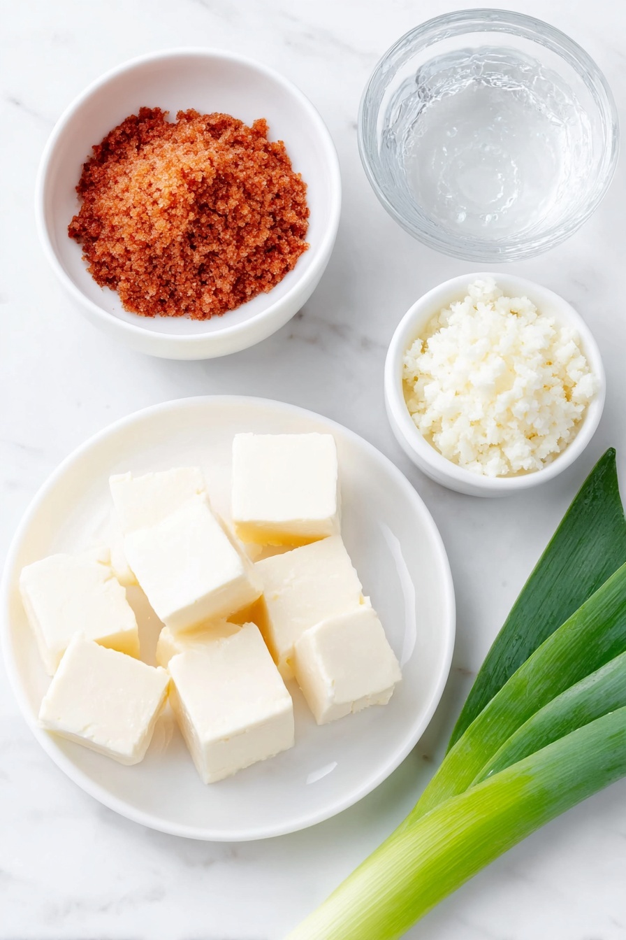 Flat lay of a small mound of granulated hondashi powder, a small white bowl filled with dry wakame seaweed pieces, a simple white ceramic plate with neatly cut small cubes of fresh tofu, a small white bowl holding smooth reddish-brown miso paste, a single bright green scallion stalk with thin slices fanned out beside it, and a small white bowl of clear water droplets representing the 4 cups water, all arranged symmetrically and balanced, placed on a clean white marble surface, soft natural light, photo taken with an iPhone, professional food photography style, fresh ingredients, white ceramic bowls, no bottles, no duplicates, no utensils, no packaging --ar 2:3 --v 7 --p m7354615311229779997 - Easy Gluten-Free Miso Soup, gluten-free miso soup, quick healthy miso soup, authentic miso soup, simple gluten-free soup