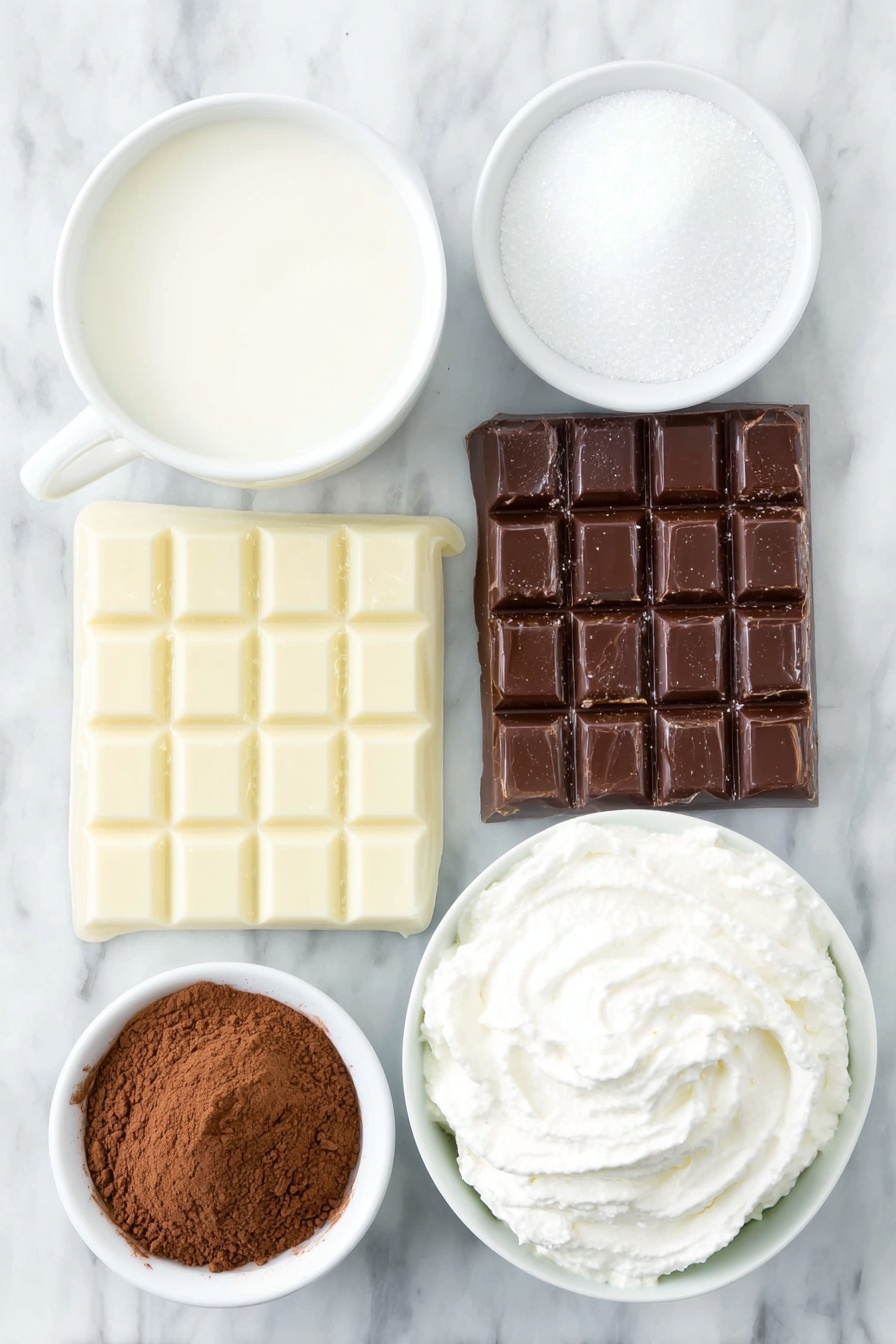 Flat lay of whole milk in a small white ceramic bowl, granulated sugar in a small white ceramic bowl, unsweetened cocoa powder in a small white ceramic bowl, a bar of bittersweet chocolate broken into large pieces, a small white ceramic bowl with pure vanilla extract, and a small white ceramic bowl of freshly whipped cream, placed on a clean white marble surface, soft natural light, photo taken with an iPhone, professional food photography style, fresh ingredients, white ceramic bowls, no bottles, no duplicates, no utensils, no packaging --ar 2:3 --v 7 --p m7354615311229779997 - Homemade Hot Chocolate, hot chocolate from scratch, creamy hot cocoa recipe, easy hot chocolate, rich hot chocolate drink