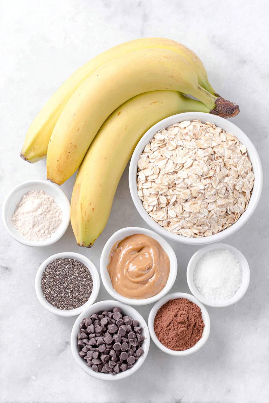 Flat lay of two very ripe medium bananas, a small white bowl of old-fashioned rolled oats, a small white bowl of unsweetened cocoa powder, a small white bowl of chia seeds, a small white bowl of espresso powder, a small white bowl of baking powder, a small white bowl of kosher salt, a small white bowl of unsweetened almond milk, a small white bowl of creamy peanut butter, a small white bowl of pure maple syrup, a small white bowl of vanilla extract, a small white bowl of vegan semi-sweet chocolate chips, a few flakes of sea salt scattered nearby, all arranged in perfect symmetry on a clean white marble surface, soft natural light, photo taken with an iPhone, professional food photography style, fresh ingredients, white ceramic bowls, no bottles, no duplicates, no utensils, no packaging --ar 2:3 --v 7 --p m7354615311229779997 - Chocolate Banana Baked Oatmeal, healthy baked oatmeal recipes, chocolate banana breakfast ideas, easy healthy oatmeal, guilt-free chocolate breakfast