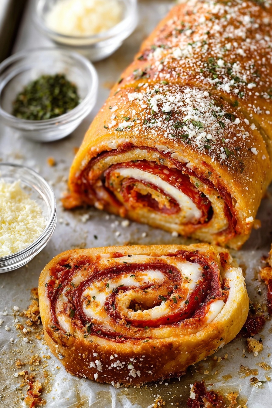 The image shows a sliced, golden-brown roll with a crispy outer layer sprinkled with white grated cheese and green herbs. Inside, there are multiple thin layers of melted white cheese and dark red pepperoni stacked tightly in a spiral pattern. The roll and slices rest on a baking sheet with a white marbled texture underneath, and small clear bowls of grated cheese and green herbs are visible to the side. The roll has a shiny, slightly oily surface with some darker baked spots near the edges. photo taken with an iphone --ar 2:3 --v 7 - Cheesy Pepperoni Rolls Marinara, cheesy pepperoni rolls, pepperoni roll appetizer, easy pizza rolls, quick cheesy snack