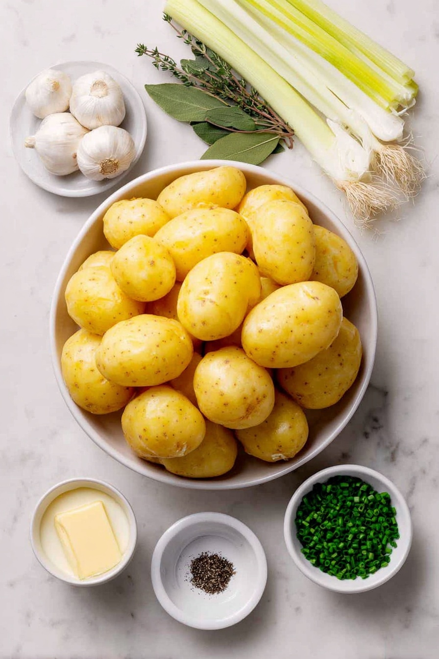 Flat lay of peeled and roughly chopped Yukon Gold potatoes, roughly chopped white and light green leeks, three whole uncracked garlic cloves, three fresh thyme sprigs, two fresh bay leaves, a small white ceramic bowl of unsalted butter, a small white ceramic bowl of heavy cream, a small white ceramic bowl of salt, a small white ceramic bowl of ground black pepper, a small white ceramic bowl of chicken or vegetable broth, and finely chopped fresh chives scattered neatly in a small pile, all arranged symmetrically on a clean white marble surface, soft natural light, photo taken with an iPhone, professional food photography style, fresh ingredients, white ceramic bowls, no bottles, no duplicates, no utensils, no packaging --ar 2:3 --v 7 --p m7354615311229779997 - Creamy Potato Leek Soup, Potato Leek Soup, Easy Leek Soup, Cozy Soup Recipes, Creamy Vegetable Soup