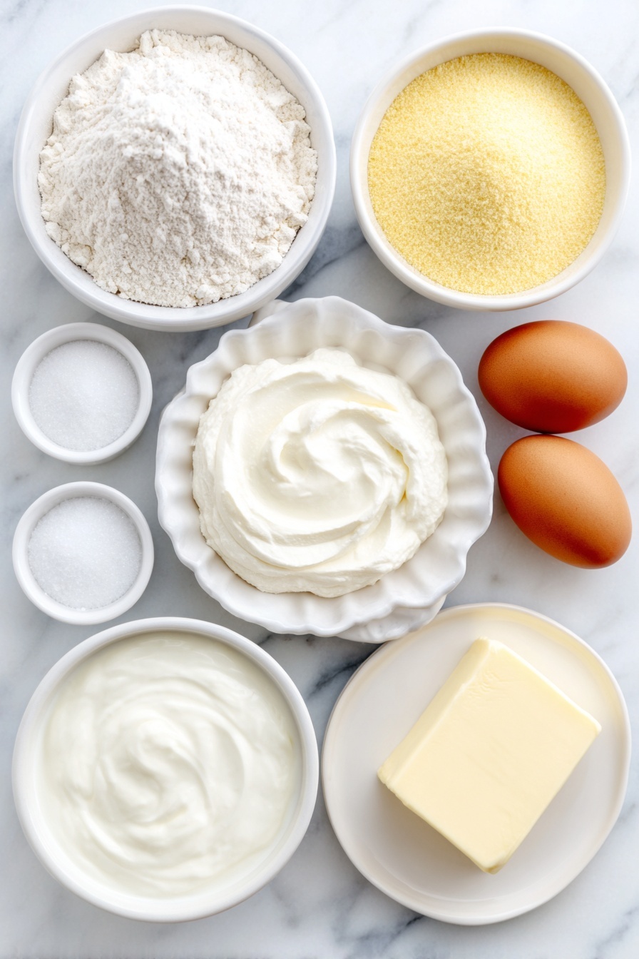 Flat lay of a small mound of all-purpose flour, a small mound of golden cornmeal, two white ceramic bowls containing granulated sugar and baking powder respectively, a small white ceramic bowl with baking soda, a pinch of kosher salt displayed as a small pile, a small white ceramic bowl filled with creamy plain yogurt, two whole brown eggs with clean shells, a small white ceramic bowl holding melted unsalted butter, a small white ceramic bowl of whole milk, and a small pat of salted butter on a white ceramic plate, placed on a clean white marble surface, soft natural light, photo taken with an iPhone, professional food photography style, fresh ingredients, white ceramic bowls, no bottles, no duplicates, no utensils, no packaging --ar 2:3 --v 7 --p m7354615311229779997 - Fluffy Yogurt Pancakes, how to make fluffy pancakes with yogurt, easy yogurt pancake recipe, fluffy breakfast recipes, simple pancake ideas