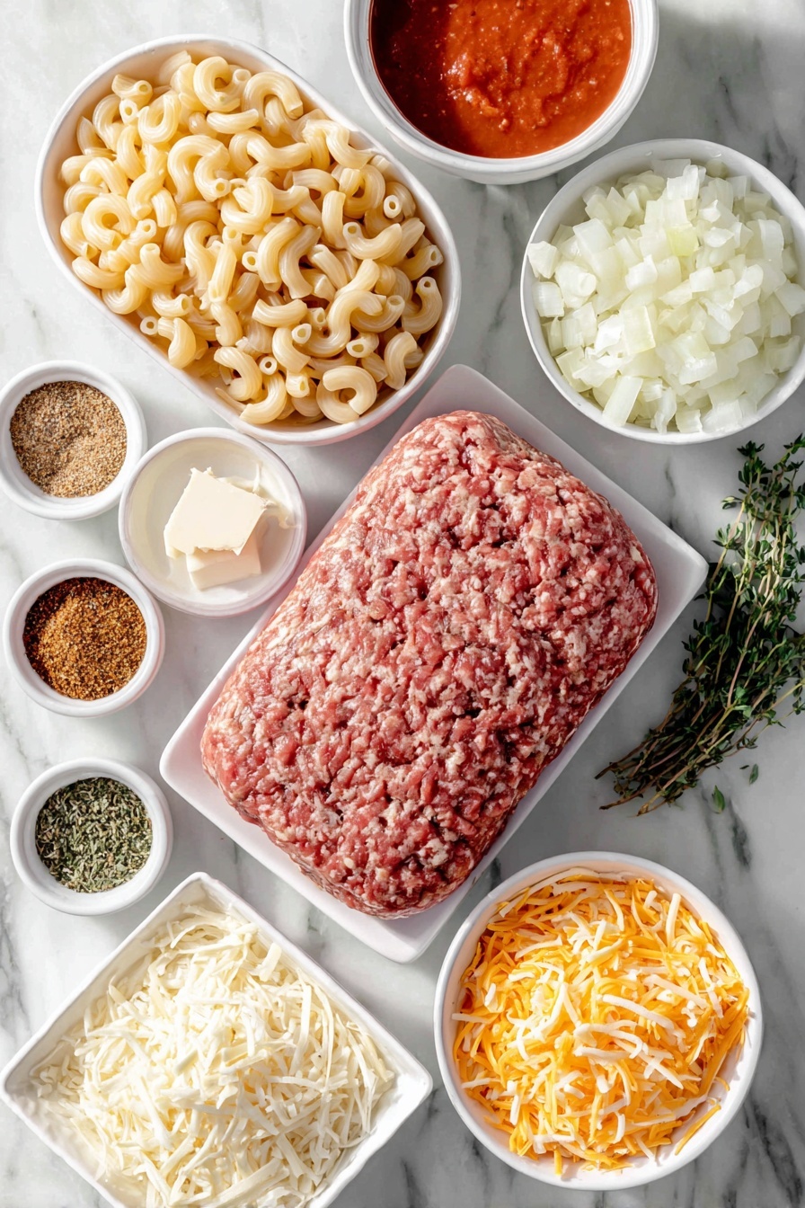 Flat lay of dried elbow macaroni in a small white ceramic bowl, fresh ground beef portion shaped loosely on the side, a few sprigs of oregano, small white ceramic bowls containing sea salt, black pepper, chili powder, and ground cumin powders, two teaspoons of butter pat, chopped yellow onion piled neatly, minced garlic mound, a small white bowl with smooth red tomato puree, a small white bowl with heavy cream, a small white bowl with clear chicken stock, dried parsley and dried basil teaspoons arranged side by side, shredded Monterey Jack cheese in a small white bowl, shredded cheddar cheese in another small white bowl, all ingredients fresh and natural, perfectly balanced and symmetrical layout, placed on a clean white marble surface, soft natural light, photo taken with an iPhone, professional food photography style, fresh ingredients, white ceramic bowls, no bottles, no duplicates, no utensils, no packaging --ar 2:3 --v 7 --p m7354615311229779997 - Cheeseburger Pasta Bake, cheeseburger pasta recipe, easy dinner ideas, family-friendly pasta dishes, comfort food recipes