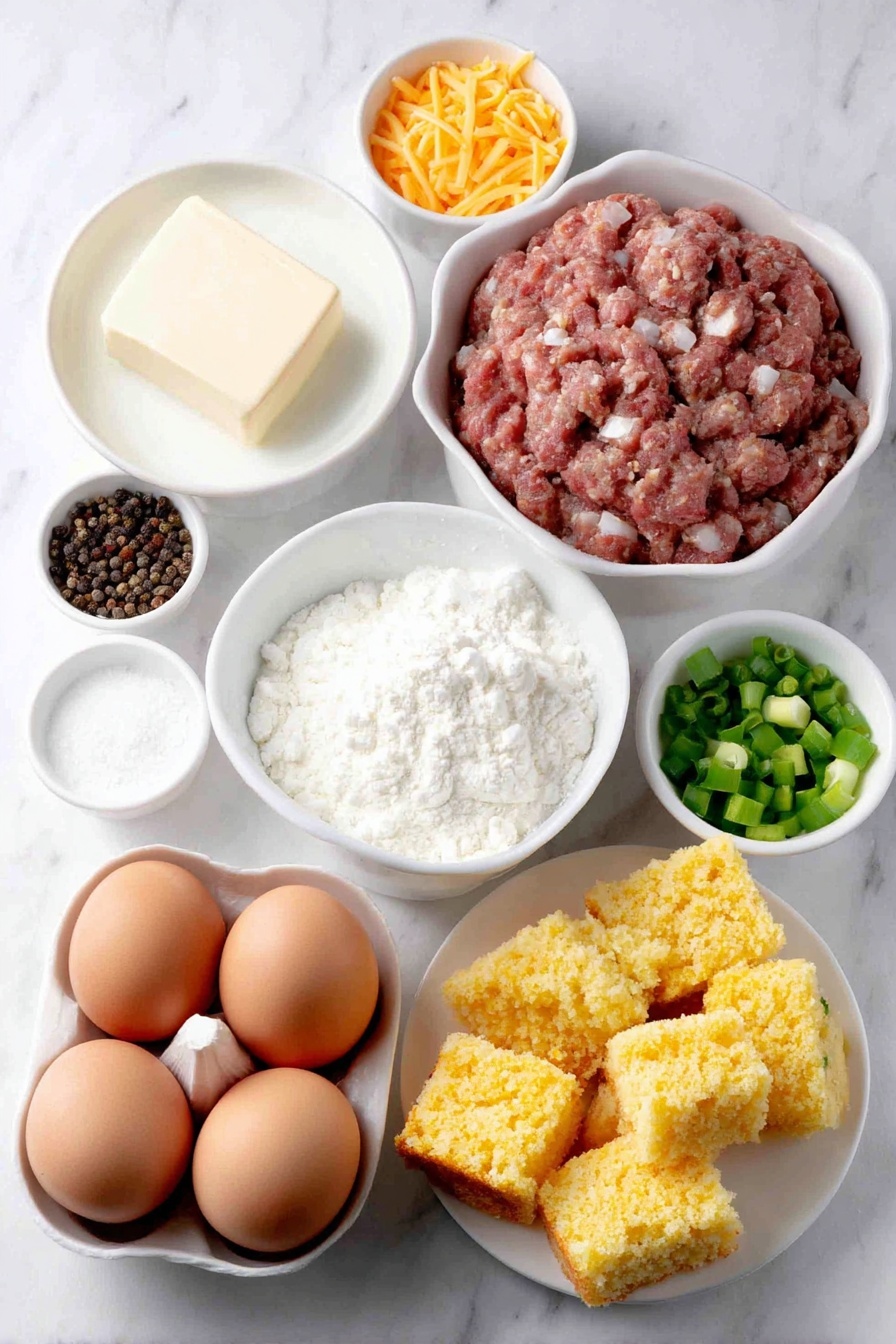 Flat lay of a few pats of soft butter at room temperature, half a chopped white onion, raw bulk sausage in loose chunks, chopped red and green bell pepper pieces, a small white bowl of fresh milk, five whole clean brown eggs, a small white bowl with coarse salt, a small white bowl with black peppercorns, a small white bowl of garlic powder, large crumbles of golden cornbread, a few chopped green onions, a small mound of shredded cheddar cheese all arranged symmetrically on simple white ceramic bowls and plates, placed on a clean white marble surface, soft natural light, photo taken with an iPhone, professional food photography style, fresh ingredients, white ceramic bowls, no bottles, no duplicates, no utensils, no packaging --ar 2:3 --v 7 --p m7354615311229779997 - Cornbread Breakfast Casserole with Sausage, savory breakfast casserole, easy cornbread casserole recipe, homemade breakfast bake, leftover cornbread breakfast idea