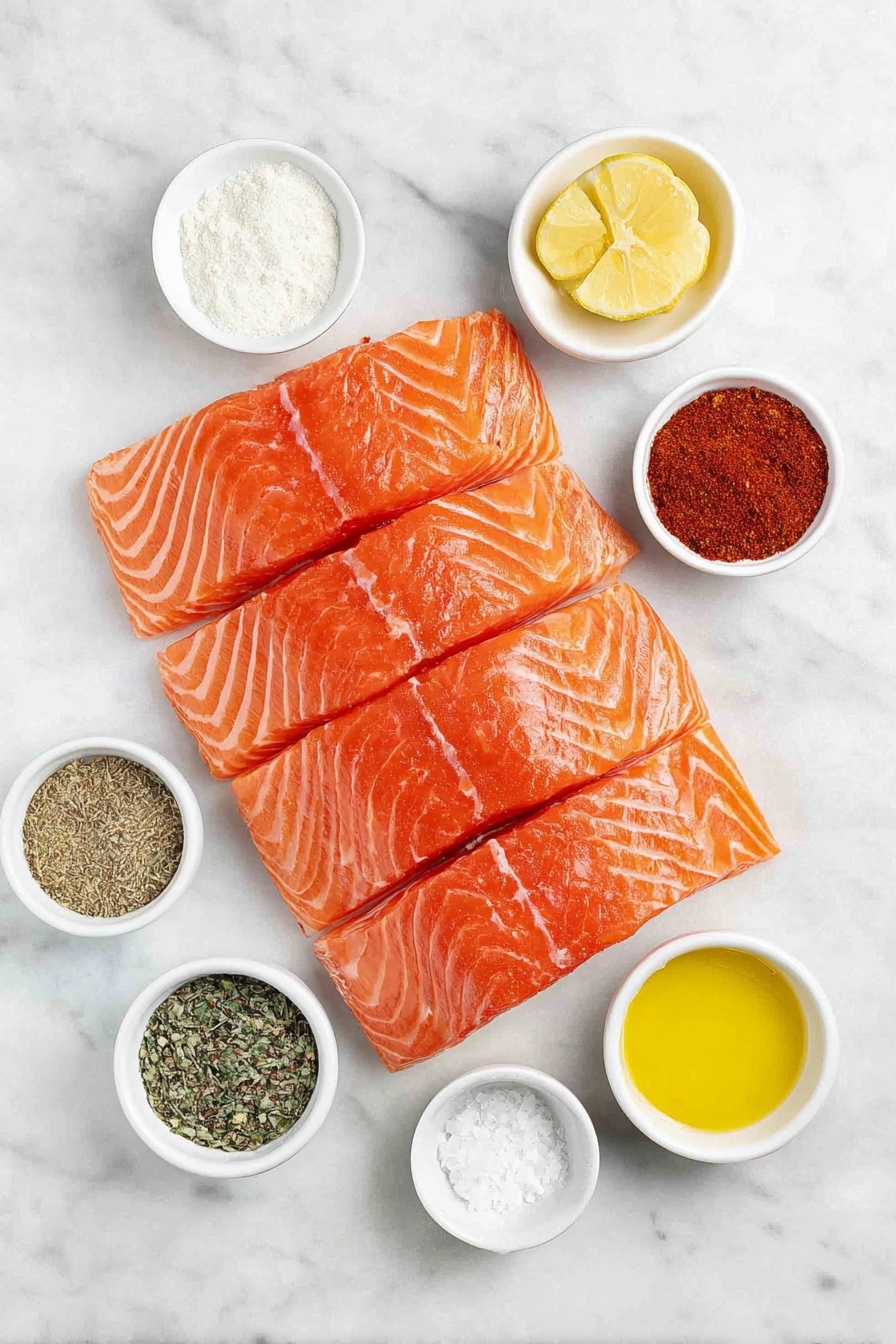 Flat lay of four fresh pink salmon fillets with smooth skin, a small white ceramic bowl of fine onion powder, a small white ceramic bowl of garlic powder, a small white ceramic bowl of mixed Italian seasoning herbs, a small white ceramic bowl of bright red paprika powder, a small white ceramic bowl of coarse kosher salt, a small white ceramic bowl of cracked black pepper, a small white ceramic bowl filled with golden olive oil, and a small white ceramic bowl containing fresh yellow lemon juice, all arranged in perfect symmetry on a clean white marble surface, soft natural light, photo taken with an iPhone, professional food photography style, fresh ingredients, white ceramic bowls, no bottles, no duplicates, no utensils, no packaging --ar 2:3 --v 7 --p m7354615311229779997 - Baked Salmon with Italian Seasoning, Italian Seasoned Salmon, Easy Baked Salmon Recipe, Lemon Herb Salmon, Healthy Salmon Dinner