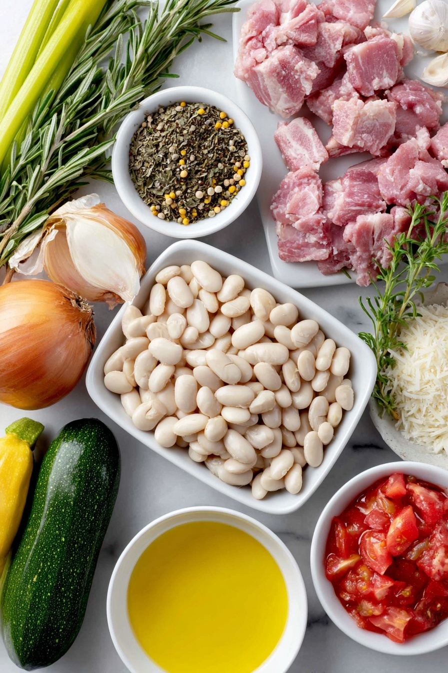 Flat lay of a small pile of dried cannellini beans, one medium onion halved, a whole medium carrot, two celery stalks with leaves, two medium cloves of garlic, one large fresh rosemary sprig, two fresh parsley sprigs, one single bay leaf, a small pile of diced salt pork cubes, a few tablespoons of extra-virgin olive oil in a small white bowl, one whole medium onion finely chopped, one peeled and diced medium carrot, two celery stalks finely diced, a small white bowl with fresh minced rosemary leaves, two minced garlic cloves, a pile of ripe Roma tomatoes peeled and chopped, one piece of Parmesan rind, a small white bowl of dried ditalini pasta, bite-sized pieces of a medium zucchini, bite-sized pieces of a medium summer squash, green beans cut into pieces, roughly chopped fresh spinach leaves, a small bunch of fresh basil, a small bunch of fresh parsley, a small bunch of fresh rosemary, and a small white bowl of freshly ground black pepper placed on a clean white marble surface, soft natural light, photo taken with an iPhone, professional food photography style, fresh ingredients, white ceramic bowls, no bottles, no duplicates, no utensils, no packaging --ar 2:3 --v 7 --p m7354615311229779997 - Hearty Minestrone Soup with Fresh Vegetables, healthy vegetable soup, homemade minestrone recipe, easy veggie soup, cozy vegetable soup