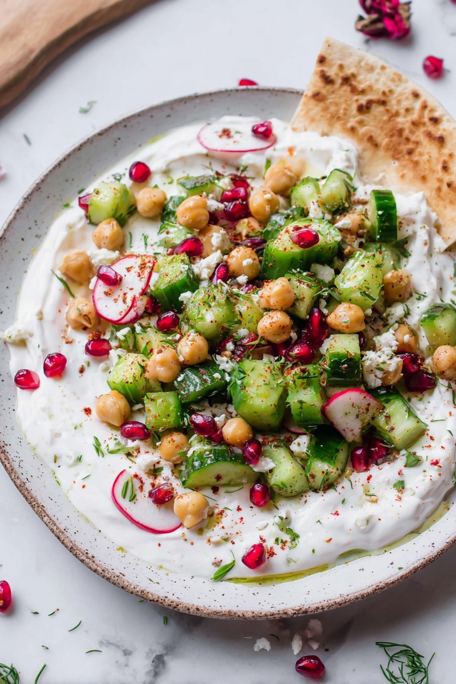 A white speckled plate holds a dish with three main visible layers: the bottom layer is a smooth spread of thick white yogurt that covers the plate in a loose circular shape; on top is a mix of large cucumber chunks with bright green skin, pale tan chickpeas, thin slices of red and white radishes, and small bright red pomegranate seeds scattered all around; the dish is sprinkled with small bits of white cheese and green chopped herbs, giving texture and color contrast; on one side, a rectangular piece of light brown flatbread is partially dipped into the yogurt. The plate sits on a white marbled surface with some scattered green herbs and pomegranate seeds around it. Photo taken with an iphone --ar 2:3 --v 7 - Smashed Cucumber Chickpea Salad with Tahini Cream, healthy cucumber chickpea salad, vegan cucumber salad, refreshing tahini chickpea dish, easy summer salad