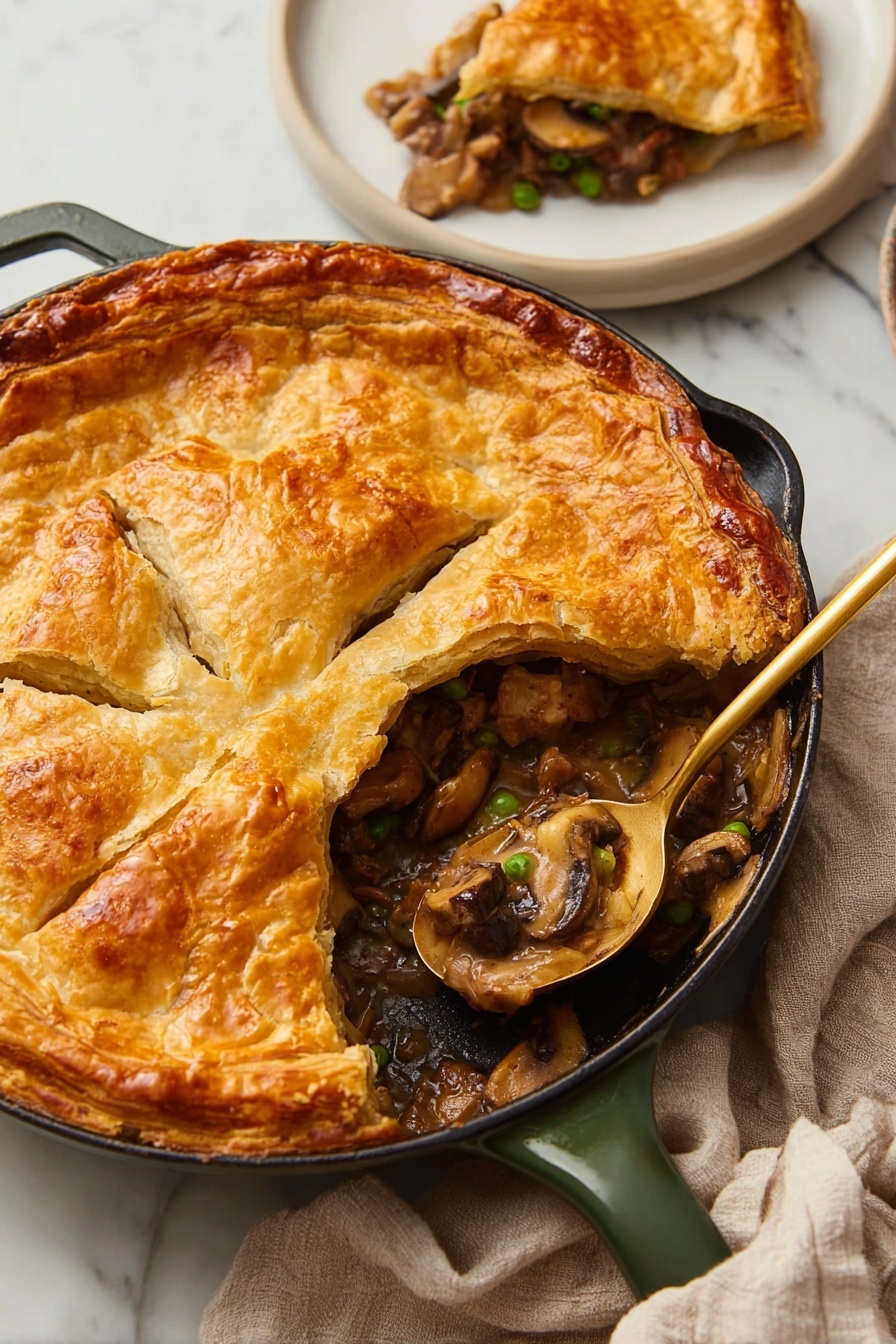 The image shows a round pot pie with a thick, golden brown crust on top, which looks flaky and slightly wrinkled with small vent slits. The crust forms the top layer and covers a creamy filling underneath, which contains chunks of browned meat, orange carrots, green peas, and light brown mushrooms. The pie is in a dark pan with some filling scooped out, revealing the rich, creamy sauce mixed with the vegetables and meat. To the right, a white plate holds a slice of the pie with the same layers visible, resting on a white marbled surface. A light beige cloth is tucked near the pan. photo taken with an iphone --ar 2:3 --v 7 - Mushroom Puff Pastry Pot Pie, vegetarian puff pastry pie, savory mushroom pie, easy mushroom pot pie, flaky puff pastry dish