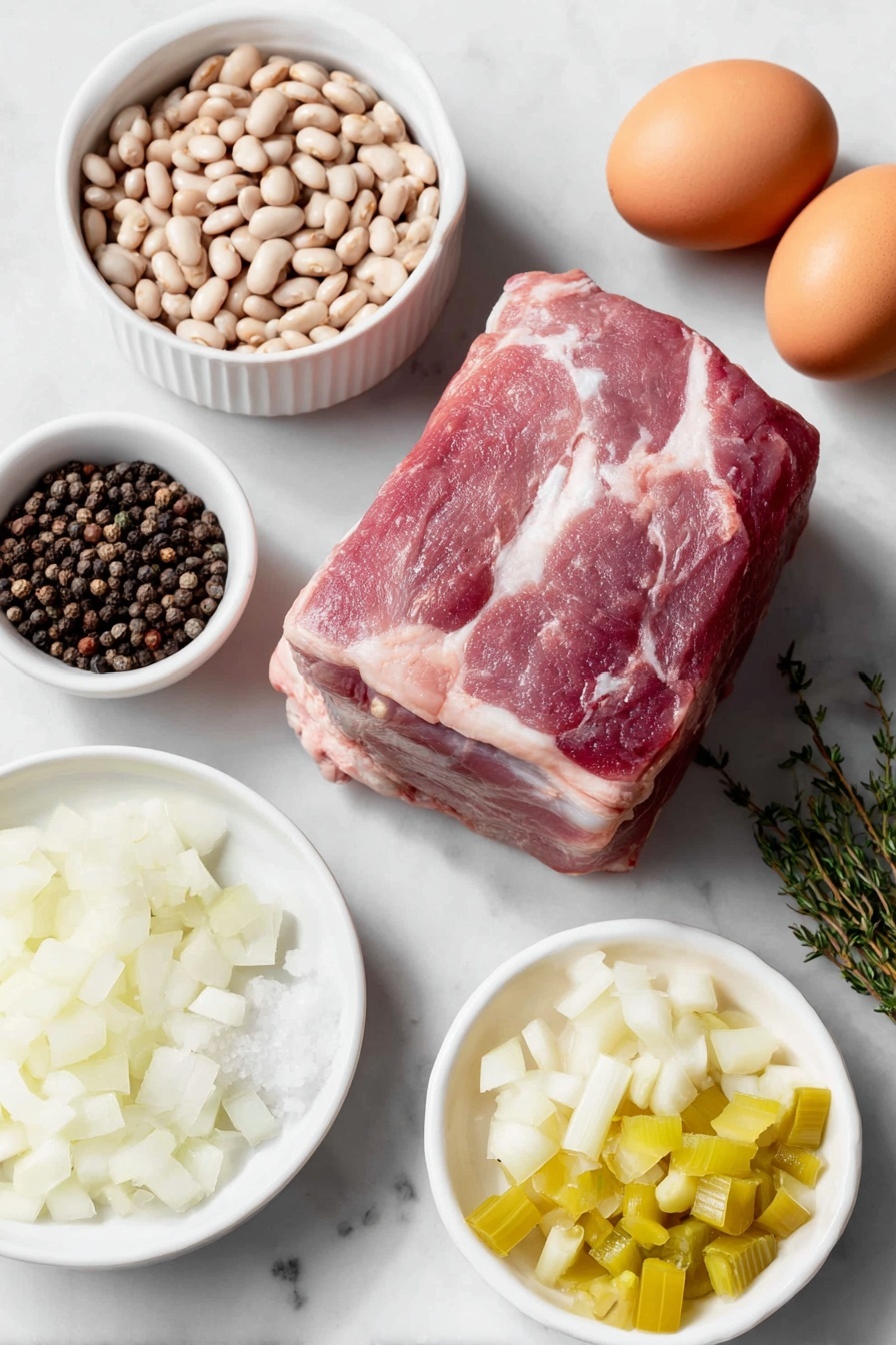 Flat lay of a small mound of dried navy beans, a fresh pink ham bone with bits of meat attached, half a large white onion diced, one large celery rib diced, five peeled garlic cloves, a small bundle of fresh thyme sprigs, a small white bowl of coarse sea salt, a small white bowl of black peppercorns, a small white bowl of water, one large diced orange carrot, and two whole brown eggs placed symmetrically on simple white ceramic dishes and bowls, all ingredients fresh and natural, placed on a clean white marble surface, soft natural light, photo taken with an iPhone, professional food photography style, fresh ingredients, white ceramic bowls, no bottles, no duplicates, no utensils, no packaging --ar 2:3 --v 7 --p m7354615311229779997 - Hearty Ham and White Bean Soup, Ham and White Bean Soup, hearty bean soup, comforting ham and bean stew, easy ham and bean recipe