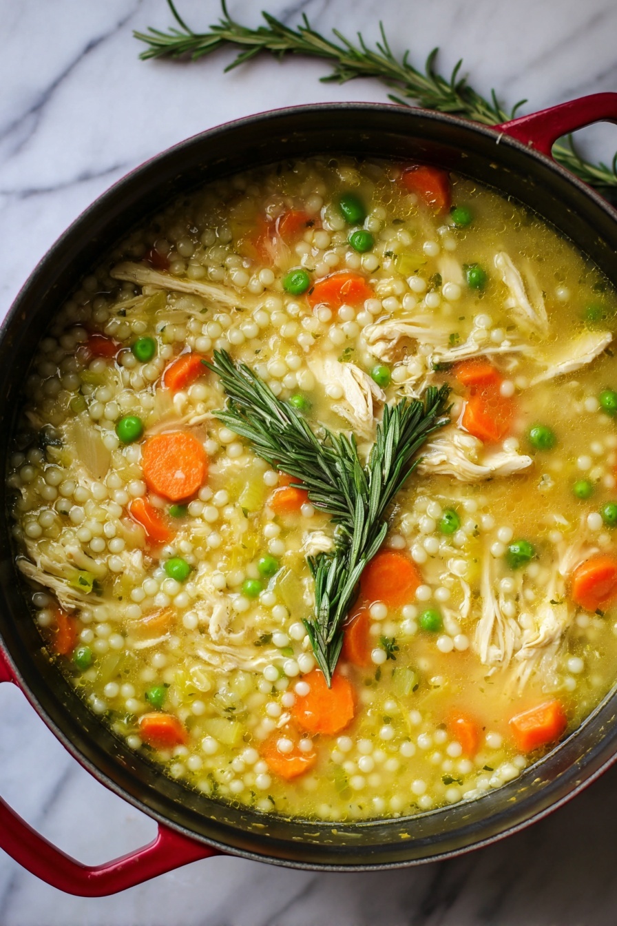 A close-up view of a pot filled with a thick soup showing layers of cooked small round pasta pearls in pale cream color, bright orange carrot slices, green peas, and shredded white chicken pieces mixed into a yellowish broth. The soup is topped with two green rosemary sprigs placed near the center. The pot has a black interior rim and red handles, sitting on a white marbled surface with a rosemary sprig in the background. photo taken with an iphone --ar 2:3 --v 7 - Healing Chicken and Couscous Soup, nourishing chicken soup, comforting chicken soup recipe, healthy chicken and couscous soup, immune-boosting chicken soup