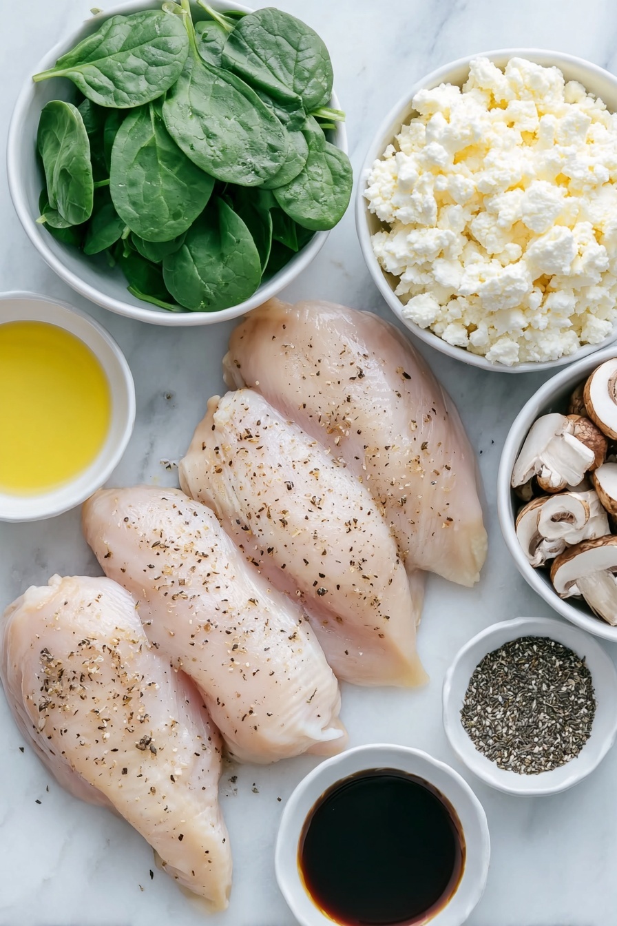 Flat lay of four raw chicken breasts with clean, uncracked skin, a small white bowl of crumbled goat cheese, a handful of fresh green spinach leaves, a whole white onion sliced into thin rings, a small white bowl filled with sliced baby bella mushrooms, a small white bowl of golden olive oil, a few fresh sprigs of thyme, a small white bowl containing dark balsamic vinegar, a small white bowl of freshly ground black pepper, placed on a clean white marble surface, soft natural light, photo taken with an iPhone, professional food photography style, fresh ingredients, white ceramic bowls, no bottles, no duplicates, no utensils, no packaging --ar 2:3 --v 7 --p m7354615311229779997 - Goat Cheese Stuffed Chicken with Caramelized Onions, stuffed chicken breast recipes, easy chicken dinner ideas, elegant chicken recipes, savory stuffed chicken