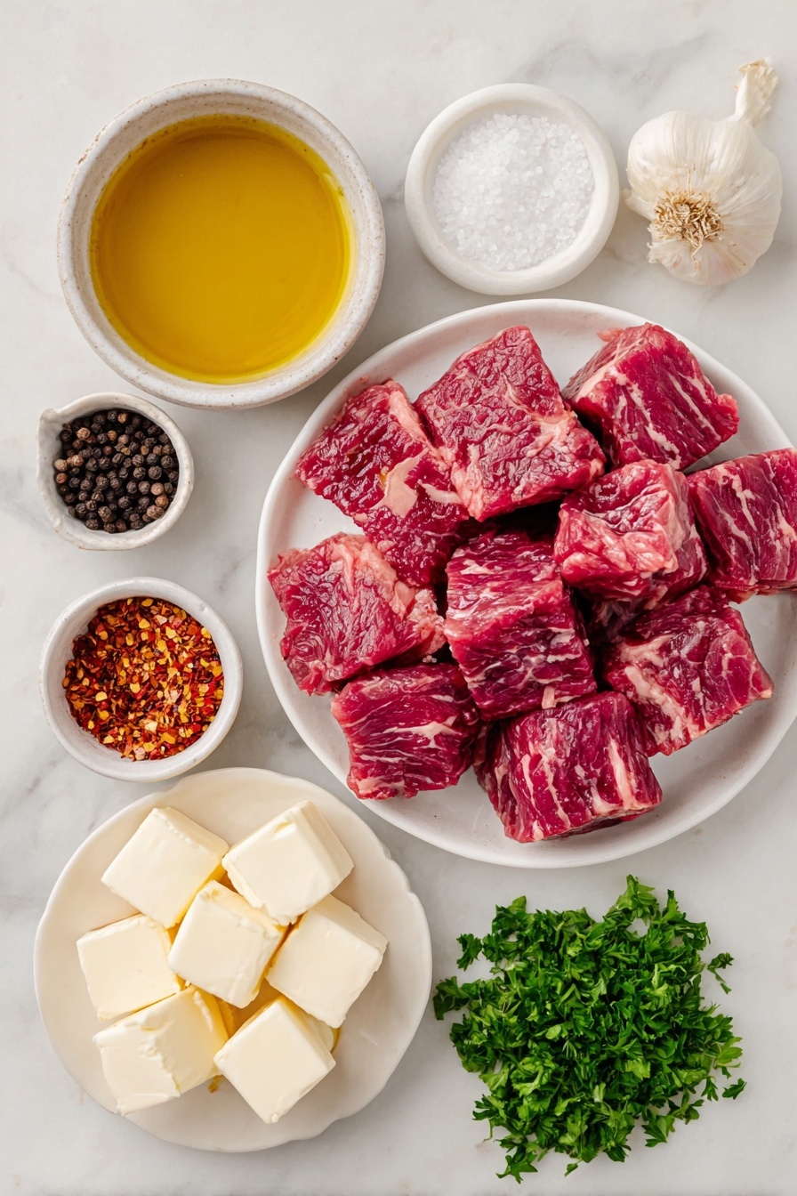 Flat lay of a small white ceramic bowl with golden olive oil, several raw sirloin steak bites with deep red marbling, coarse salt crystals scattered beside a small white bowl holding black peppercorns, two small cubes of pale unsalted butter on a white plate, a few fresh garlic cloves and a small pile of minced garlic next to a small white bowl filled with bright red crushed red pepper flakes, and a small bunch of vibrant green chopped parsley on a white ceramic dish, all arranged in perfect symmetry and realistic proportions, placed on a clean white marble surface, soft natural light, photo taken with an iPhone, professional food photography style, fresh ingredients, white ceramic bowls, no bottles, no duplicates, no utensils, no packaging --ar 2:3 --v 7 --p m7354615311229779997 - Garlic Butter Steak Bites, Garlic Butter Steak, Steak Bites Recipe, Easy Garlic Steak, Quick Steak Dinner