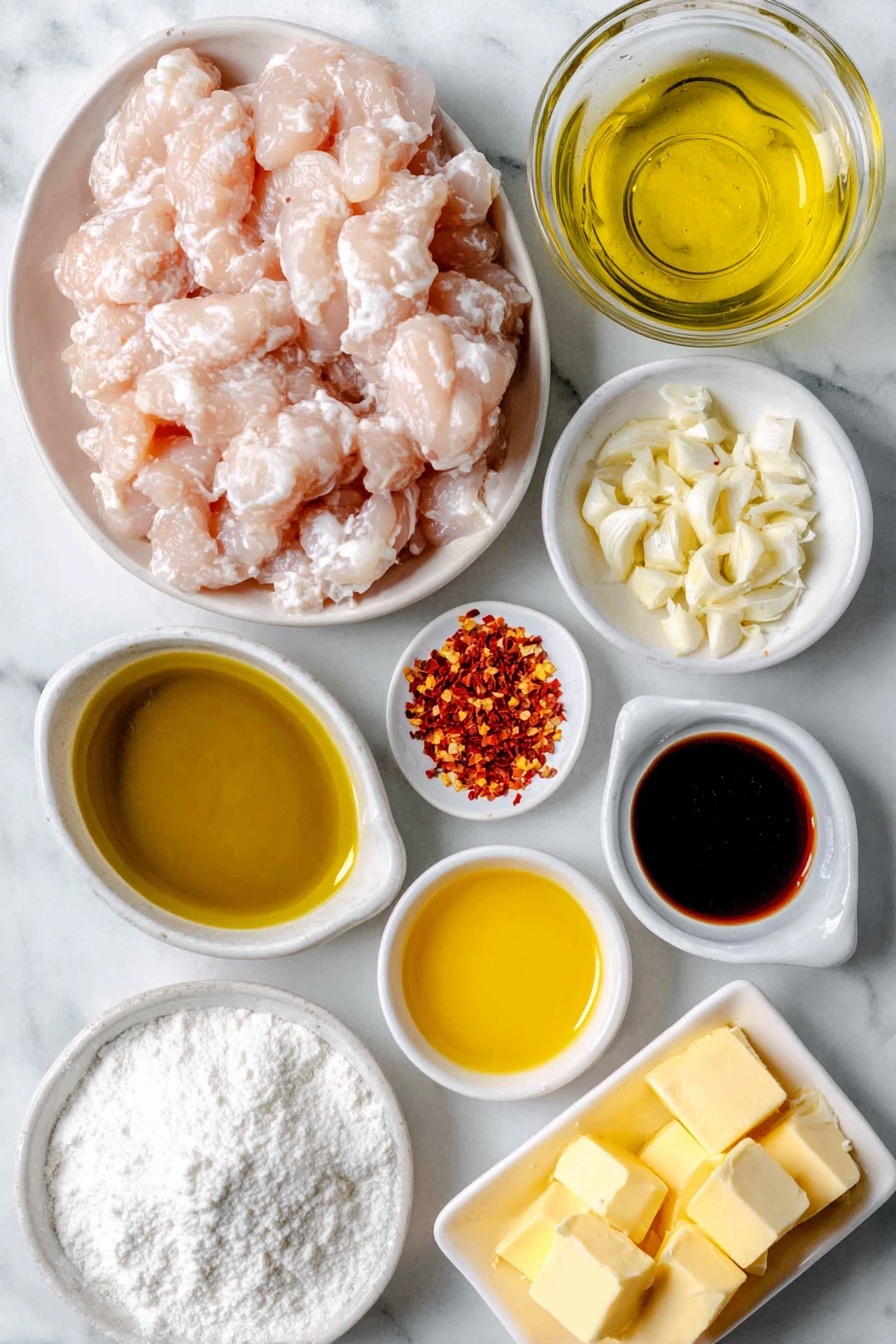 Flat lay of fresh bite-sized raw chicken breast pieces, a small white ceramic bowl of fine corn starch powder, a few red pepper flakes scattered neatly, a small white ceramic bowl with crushed garlic cloves, a clean white ceramic bowl holding golden olive oil, a small white ceramic bowl filled with thick amber honey, a small white ceramic bowl with bright yellow lemon juice, a small white ceramic bowl containing dark soy sauce, a small white ceramic bowl with vivid red hot sauce, a few small cubes of pale yellow butter placed naturally, all arranged with perfect symmetry and balanced proportions, placed on a clean white marble surface, soft natural light, photo taken with an iPhone, professional food photography style, fresh ingredients, white ceramic bowls, no bottles, no duplicates, no utensils, no packaging --ar 2:3 --v 7 --p m7354615311229779997 - Honey Garlic Chicken Bites, Honey Garlic Chicken, Easy Chicken Recipes, Weeknight Chicken Dinner, Quick Chicken Dinner