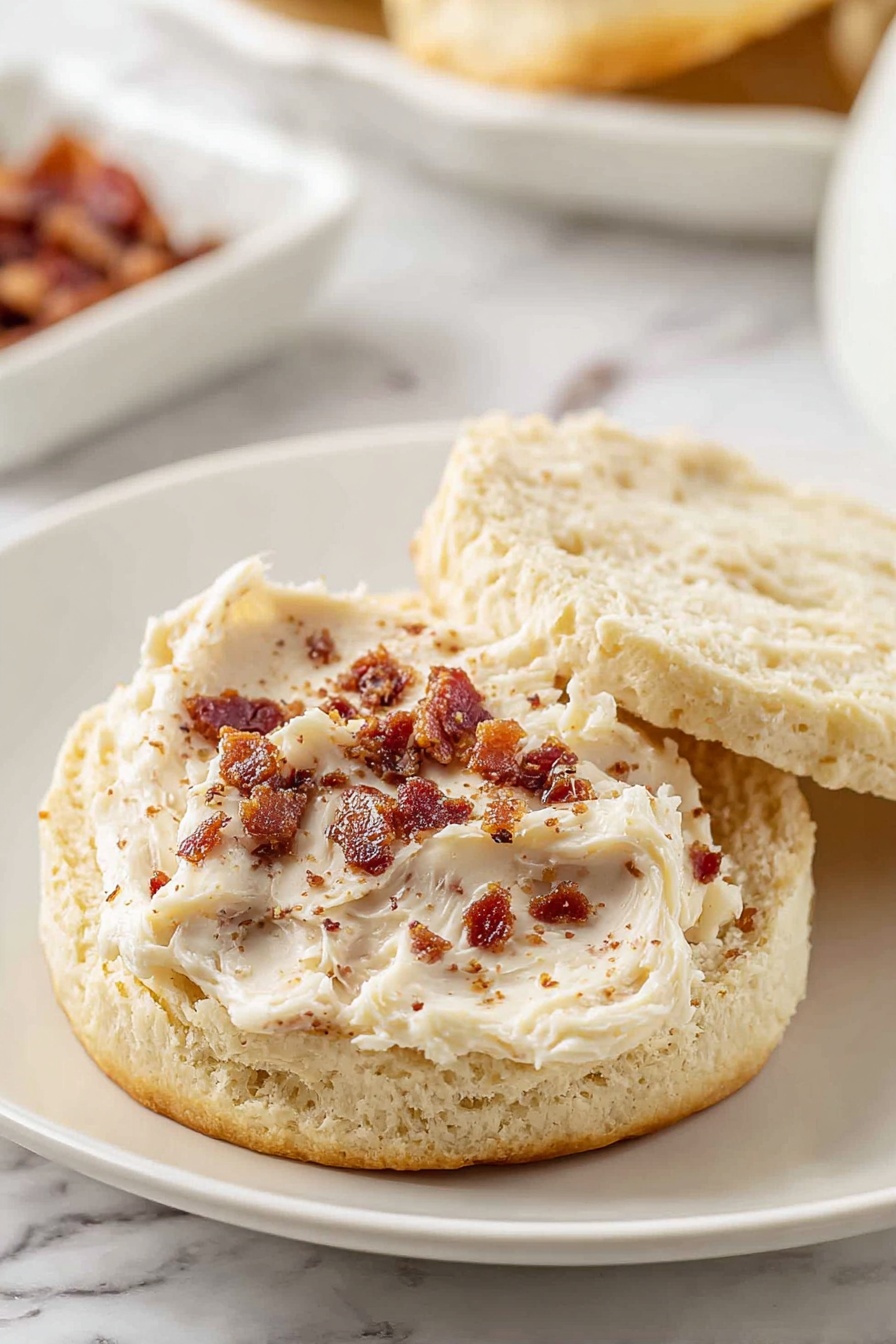 The image shows a close-up of a white round plate with one biscuit split into two halves, the top half lying slightly behind the bottom half. The bottom biscuit layer is crumbly and golden beige in color, with a spread of creamy butter mixed with small brown bacon bits on top. The butter has a smooth texture with visible spec of spices. The background surface is white marble, and there is a blurred white dish with more biscuits and a small white square dish with bacon pieces in the background. Photo taken with an iphone --ar 2:3 --v 7 - Bacon Butter, Bacon Butter Recipe, How to make bacon butter, Bacon Butter tips, savory butter with bacon
