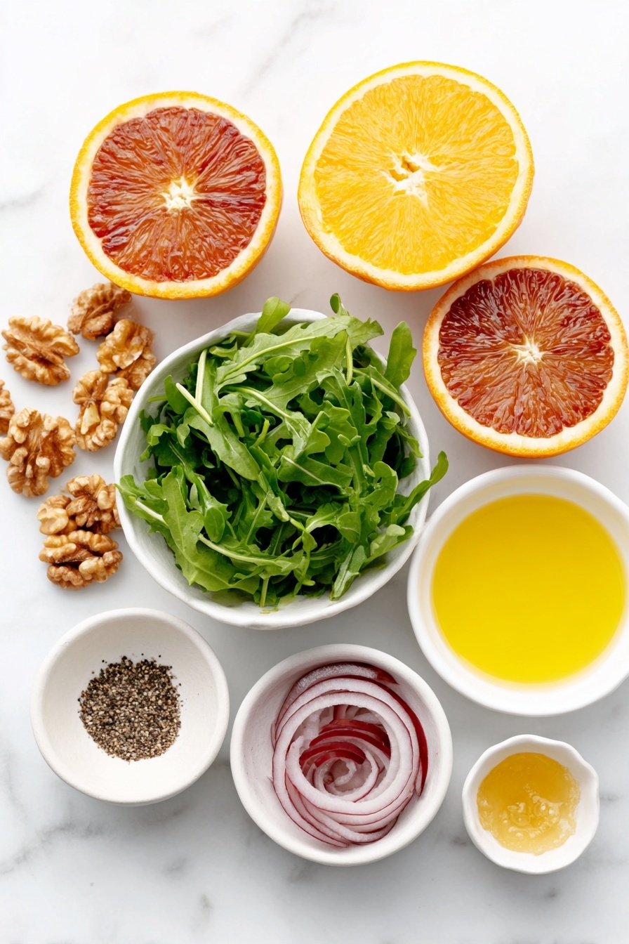 Flat lay of five whole fresh citrus fruits including blood oranges, navel oranges, and grapefruit, a small bunch of vibrant green arugula leaves, thinly sliced rings of red onion arranged neatly, a small white ceramic bowl filled with bright yellow lemon juice, a small white ceramic bowl holding golden extra virgin olive oil, a small white ceramic bowl with smooth pale Dijon mustard, a small white ceramic bowl containing clear amber honey, a small white ceramic bowl with coarse sea salt crystals, a small white ceramic bowl with freshly ground black pepper, and a handful of whole walnuts scattered artfully, all placed on a clean white marble surface, soft natural light, photo taken with an iPhone, professional food photography style, fresh ingredients, white ceramic bowls, no bottles, no duplicates, no utensils, no packaging --ar 2:3 --v 7 --p m7354615311229779997 - Citrus Salad with Arugula and Walnuts, citrus salad, healthy salad recipes, easy citrus salad, fresh fruit and greens salad