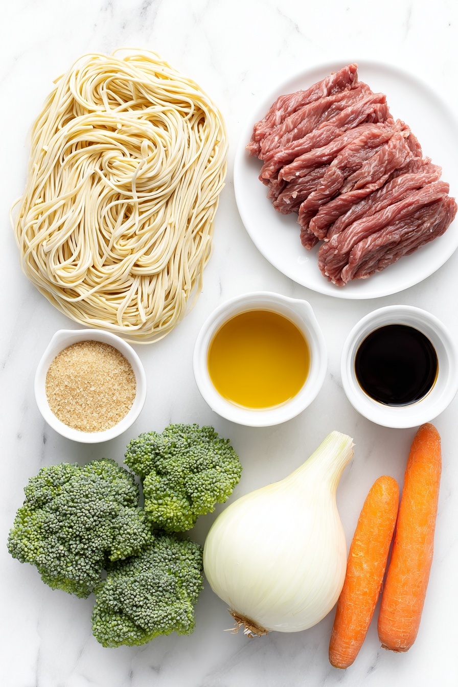 Flat lay of fresh thin lo mein noodles neatly coiled, a small white bowl of glossy dark soy sauce, a small white bowl of amber sesame oil, bright orange whole carrots with green tops, vibrant green broccoli florets, a large white onion whole and unpeeled, four fresh garlic cloves unpeeled, a small white bowl filled with hot water, thin raw beef strips arranged artfully on a simple white ceramic plate, a few granules of brown sugar scattered beside a small white bowl, all ingredients placed in perfect symmetry on a clean white marble surface, soft natural light, photo taken with an iPhone, professional food photography style, fresh ingredients, white ceramic bowls, no bottles, no duplicates, no utensils, no packaging --ar 2:3 --v 7 --p m7354615311229779997 - Easy Beef Lo Mein, Beef Lo Mein stir-fry, homemade lo mein, quick Asian noodles, beef noodle skillet