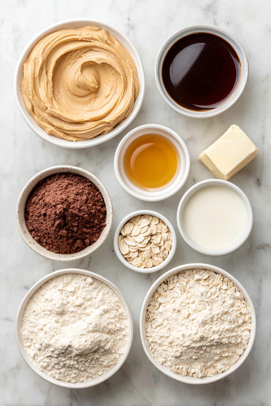 Flat lay of a small white ceramic bowl of smooth peanut butter, a small white ceramic bowl of golden maple syrup, a small white ceramic bowl of vanilla protein powder, a small white ceramic bowl of dark chocolate syrup, a small white ceramic bowl of oat milk, a small white ceramic bowl of vanilla extract, all ingredients fresh and natural, perfectly arranged in balanced symmetry, placed on a clean white marble surface, soft natural light, photo taken with an iPhone, professional food photography style, fresh ingredients, white ceramic bowls, no bottles, no duplicates, no utensils, no packaging --ar 2:3 --v 7 --p m7354615311229779997 - High-Protein Ninja Creami Milkshake, healthy protein milkshake, easy protein shake recipe, quick high-protein dessert, creamy nutrient-rich milkshake