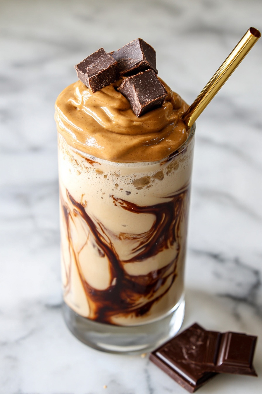 This dessert drink in a clear glass has three main layers visible: a creamy beige base swirled with dark chocolate streaks inside the glass, topped with a thick swirl of peanut butter cream that is smooth and light brown with darker brown drizzles on top, finished with five chunks of dark chocolate placed on the peanut butter cream. A golden straw is inserted on the side, leaning against the edge of the glass. The glass sits on a white marbled surface with two pieces of dark chocolate nearby. Photo taken with an iphone --ar 2:3 --v 7 - High-Protein Ninja Creami Milkshake, healthy protein milkshake, easy protein shake recipe, quick high-protein dessert, creamy nutrient-rich milkshake