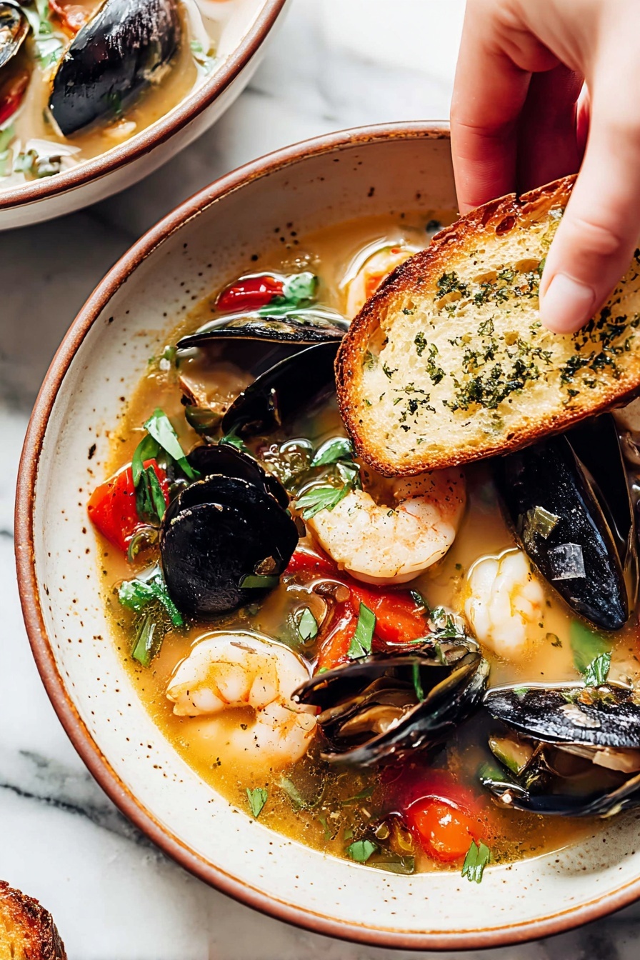 A close-up view of a pot filled with a bright orange broth that has herbs and small red tomato pieces floating in it. In the broth, there are several layers of seafood including whole shrimp with orange-pink shells and curled tails, and black mussel shells, some open to show the inside. The pot is white inside with a dark rim, and a large silver ladle is scooping up a mix of shrimp, mussels, and broth. The white marbled surface is visible around the pot. photo taken with an iphone --ar 2:3 --v 7 - Seafood Bouillabaisse Outer, seafood bouillabaisse, French seafood stew, Mediterranean seafood recipe, fish stew
