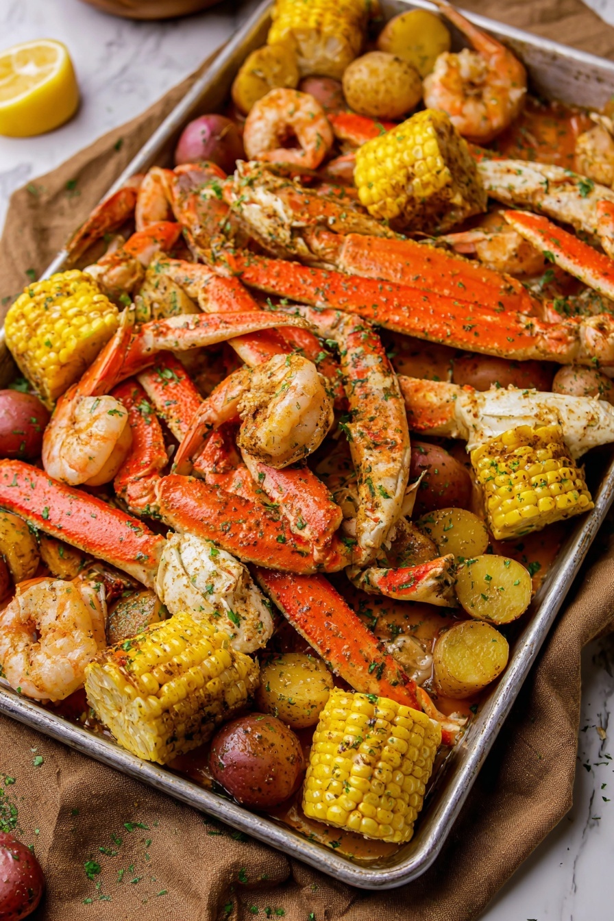 A large metal tray is full of cooked seafood and vegetables. On the top layer, there are bright orange crab legs and pink shrimp, some with tails up. Scattered around are yellow and red small potatoes with green herbs sprinkled on them. Pieces of yellow corn on the cob are placed around the tray. There are also yellow lemon wedges on the tray. Everything is coated in a light, oily sauce with herbs that give a fresh green speckled look. The tray rests on a white marbled surface with a brown cloth nearby. photo taken with an iphone --ar 2:3 --v 7 - Cajun Seafood Boil, Cajun Seafood Boil with Garlic Butter, New Orleans seafood boil, spicy seafood boil recipe, seafood boil ideas