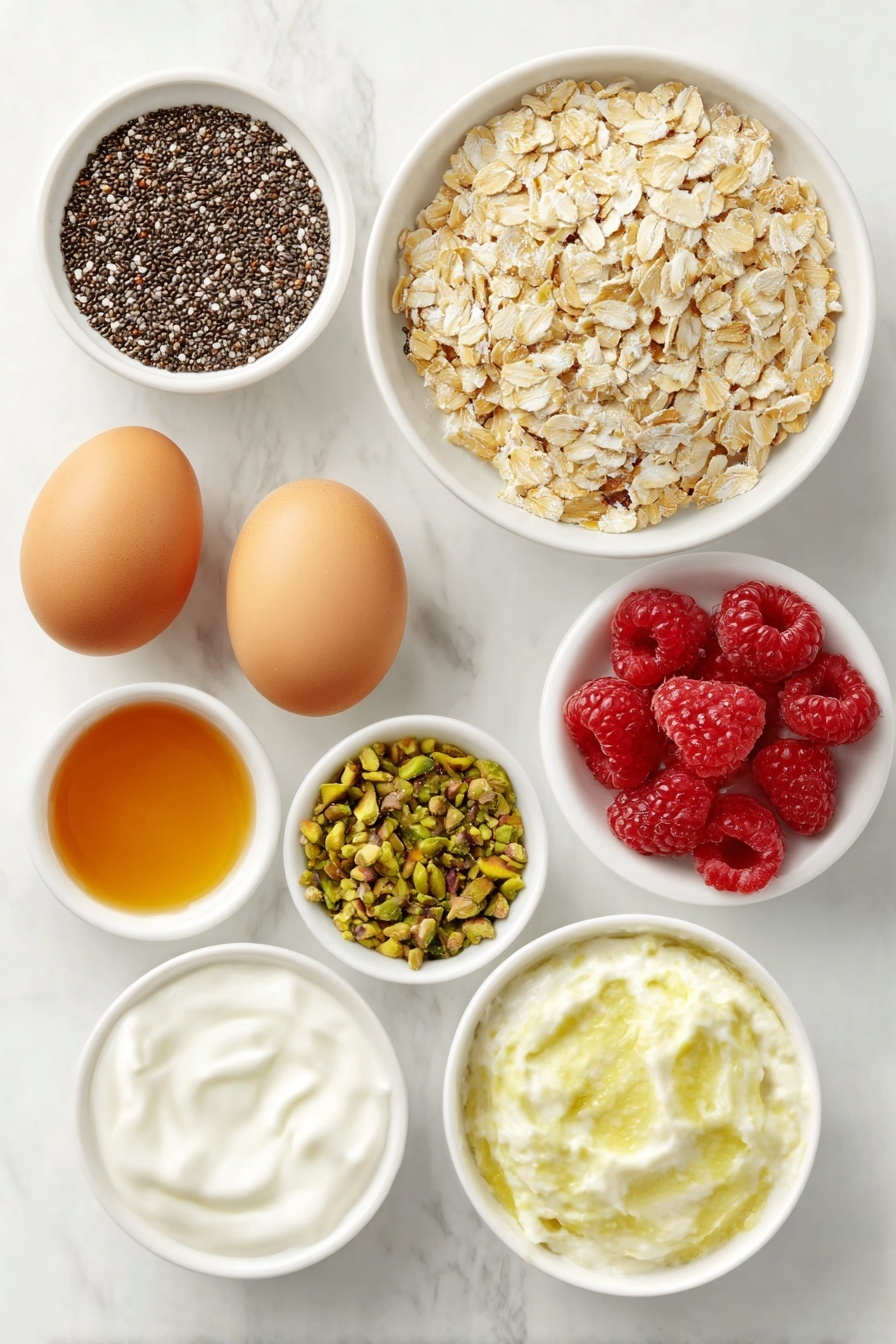 Flat lay of a small white bowl of quick oats, a small white bowl of chia seeds, two brown whole eggs with clean shells (to represent natural eggs despite not listed but implied freshness), a small white bowl of non-dairy milk, a small white bowl with smooth green pistachio butter, a small white bowl of rich amber maple syrup, a small white bowl of creamy non-dairy yogurt, a handful of fresh bright red raspberries, and a small white bowl of chopped green pistachios, all arranged in perfect symmetry, placed on a clean white marble surface, soft natural light, photo taken with an iPhone, professional food photography style, fresh ingredients, white ceramic bowls, no bottles, no duplicates, no utensils, no packaging --ar 2:3 --v 7 --p m7354615311229779997 - Pistachio Overnight Oats, healthy overnight oats, easy breakfast recipes, nutty breakfast ideas, quick morning oats