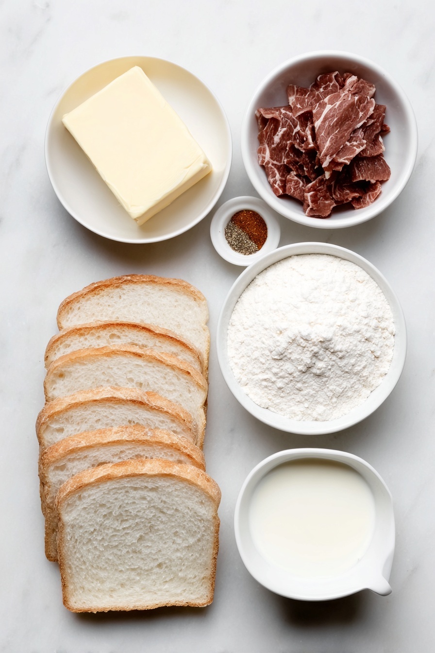Flat lay of a small white ceramic bowl of unsalted butter, thin ribbons of dried beef loosely arranged, a small white ceramic bowl of all-purpose flour, a small white ceramic bowl of black pepper, a small white ceramic bowl with a pinch of cayenne pepper, a small white ceramic bowl with ground nutmeg, a small white ceramic bowl of milk at room temperature, and six thick slices of fresh bread neatly stacked in two even piles, placed on a clean white marble surface, soft natural light, photo taken with an iPhone, professional food photography style, fresh ingredients, white ceramic bowls, no bottles, no duplicates, no utensils, no packaging --ar 2:3 --v 7 --p m7354615311229779997 - Chipped Beef on Toast, easy chipped beef recipe, comfort food recipes, hearty breakfast ideas, quick dinner recipes