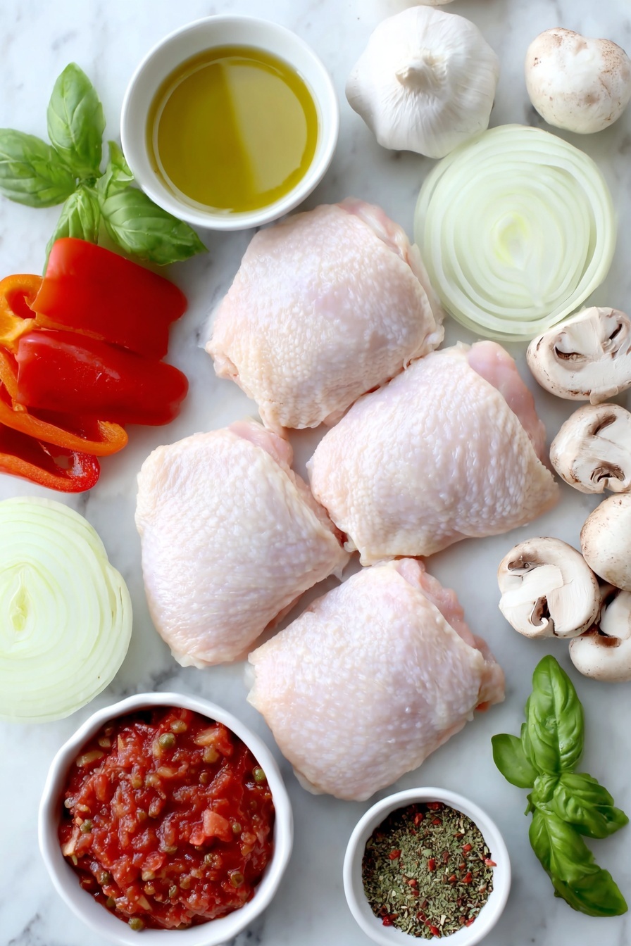 Flat lay of boneless skinless chicken thighs with clean skin, a small white ceramic bowl of golden olive oil, thinly sliced yellow onion rings arranged neatly, bright red bell pepper strips, vibrant green bell pepper strips, a small pile of fresh sliced brown mushrooms, three whole uncracked garlic cloves, a small white ceramic bowl filled with crushed red tomatoes, another small white bowl with diced tomatoes drained of liquid, a small white bowl containing rich chicken broth, a small heap of mixed dried Italian herbs including basil and oregano, a tiny white bowl with red pepper flakes, a small white bowl of briny capers, fresh bright green parsley sprigs, and fresh basil leaves, all arranged symmetrically and balanced on a clean white marble surface, soft natural light, photo taken with an iPhone, professional food photography style, fresh ingredients, white ceramic bowls, no bottles, no duplicates, no utensils, no packaging --ar 2:3 --v 7 --p m7354615311229779997 - Slow Cooker Chicken Cacciatore, Chicken Cacciatore, Easy Chicken Dinner, Hearty Slow Cooker Recipes, Italian Chicken Recipes