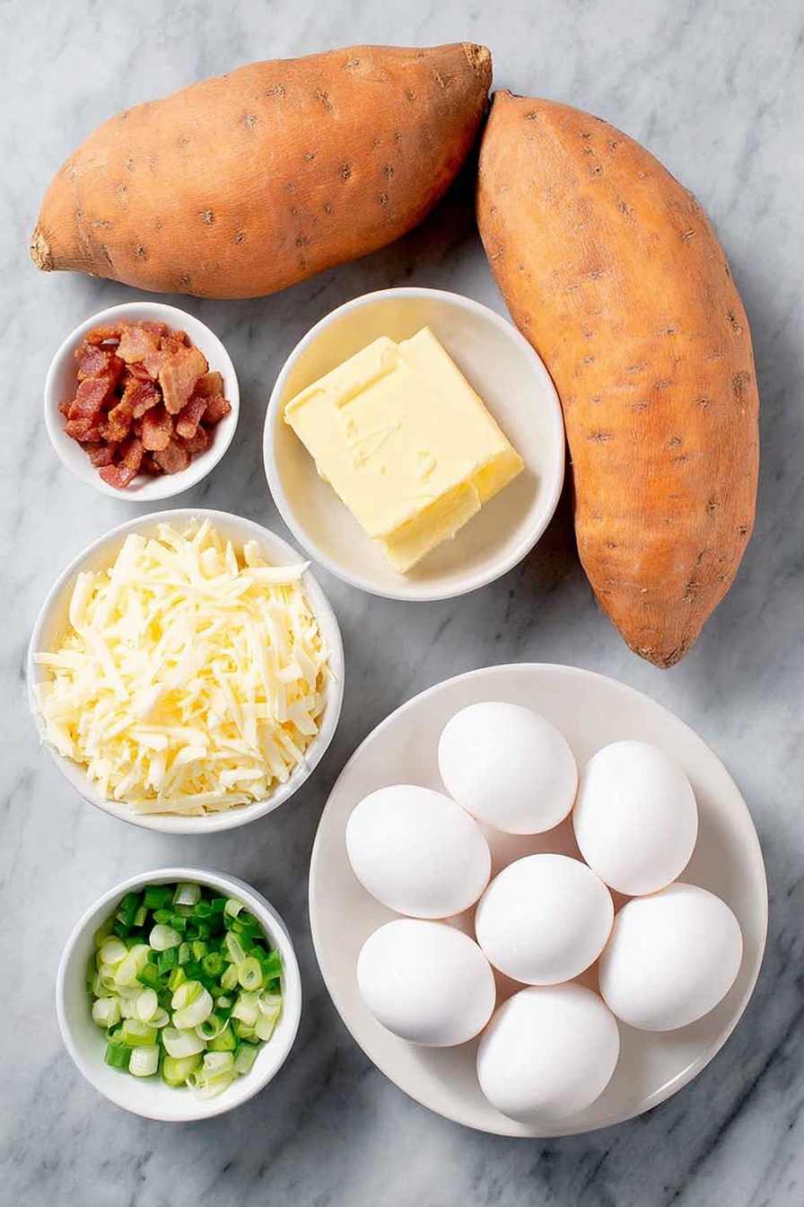 Flat lay of three large whole sweet potatoes with vibrant orange skin, a small pile of crumbled cooked bacon pieces, two tablespoons of solid unsalted butter, a small white ceramic bowl filled with shredded white cheddar cheese, six whole uncracked brown eggs with clean shells arranged neatly, a small white ceramic bowl containing coarse black pepper, a small white ceramic bowl of salt crystals, and a few fresh green scallion stalks minced and placed delicately on a simple white ceramic plate, placed on a clean white marble surface, soft natural light, photo taken with an iPhone, professional food photography style, fresh ingredients, white ceramic bowls, no bottles, no duplicates, no utensils, no packaging --ar 2:3 --v 7 --p m7354615311229779997 - Sweet Potato Breakfast Boats with Eggs and Bacon, hearty breakfast ideas, healthy breakfast recipes, easy breakfast with sweet potatoes, breakfast boat recipes