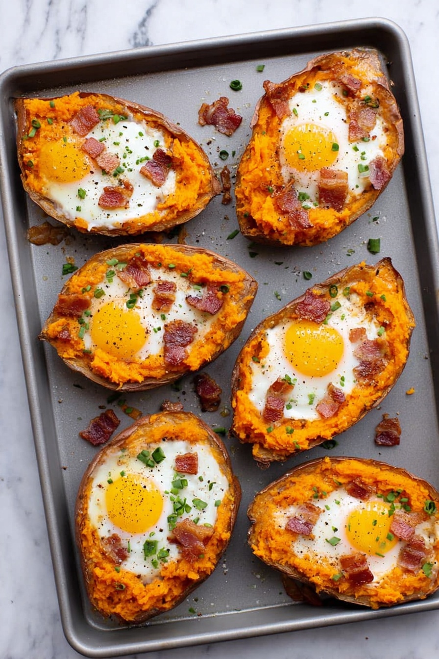 Six twice-baked sweet potato halves are placed on a gray baking tray, each filled with a bright orange mashed sweet potato layer topped with a baked sunny-side-up egg in the center. Small bits of crispy bacon and finely chopped green herbs are scattered over the eggs and mashed sweet potatoes. The baked sweet potato skins form the outer brown edges, and there is a light sprinkle of black pepper over the eggs. The tray sits on a white marbled surface. photo taken with an iphone --ar 2:3 --v 7 - Sweet Potato Breakfast Boats with Eggs and Bacon, hearty breakfast ideas, healthy breakfast recipes, easy breakfast with sweet potatoes, breakfast boat recipes