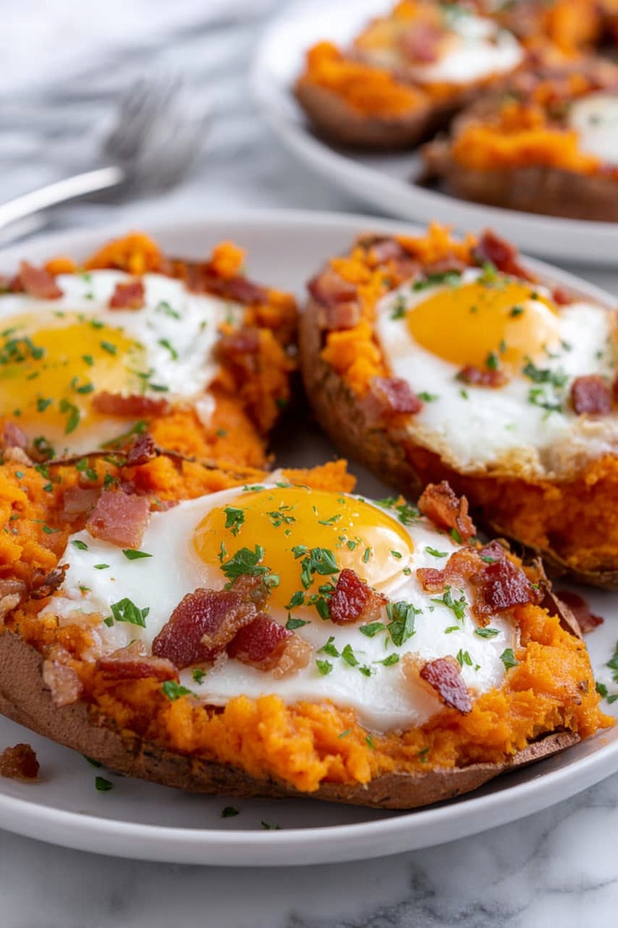 Sweet Potato Breakfast Boats with Eggs and Bacon Recipe - Serving
