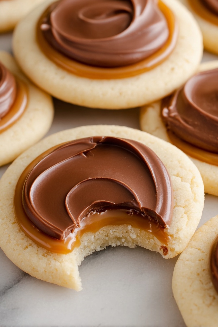 The image shows round cookies with three visible layers: a pale, smooth base layer forming the cookie, a middle layer of glossy caramel spread evenly in a ring shape just inside the cookie's edge, and a top layer of thick, swirled milk chocolate spread in a circular shape that sits in the middle of the caramel. One cookie has a bite taken out of it, revealing the soft, slightly crumbly texture of the base. The cookies are placed on a white marbled surface. photo taken with an iphone --ar 2:3 --v 7 - Twix Cookie Cups, Twix Cookie Cups recipe, caramel cookie cups, chocolate caramel dessert, easy cookie cup recipe