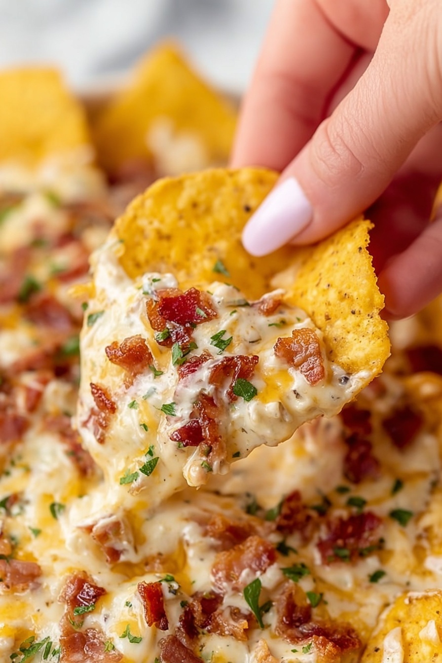 A close-up shot shows a woman's hand picking up a yellow corn chip loaded with creamy, melted cheese, small crispy bacon bits, finely chopped green herbs, and soft white chunks, all layered on top. The chip has a rough texture and the cheese looks smooth and soft with a mix of white and golden-yellow colors. The background is filled with more chips covered in the same cheesy mixture, and the surface beneath has a white marbled texture. photo taken with an iphone --ar 2:3 --v 7 - Crack Chicken Dip, cheesy chicken bacon dip, easy party dip, crowd-pleasing game day snack, creamy ranch chicken appetizer