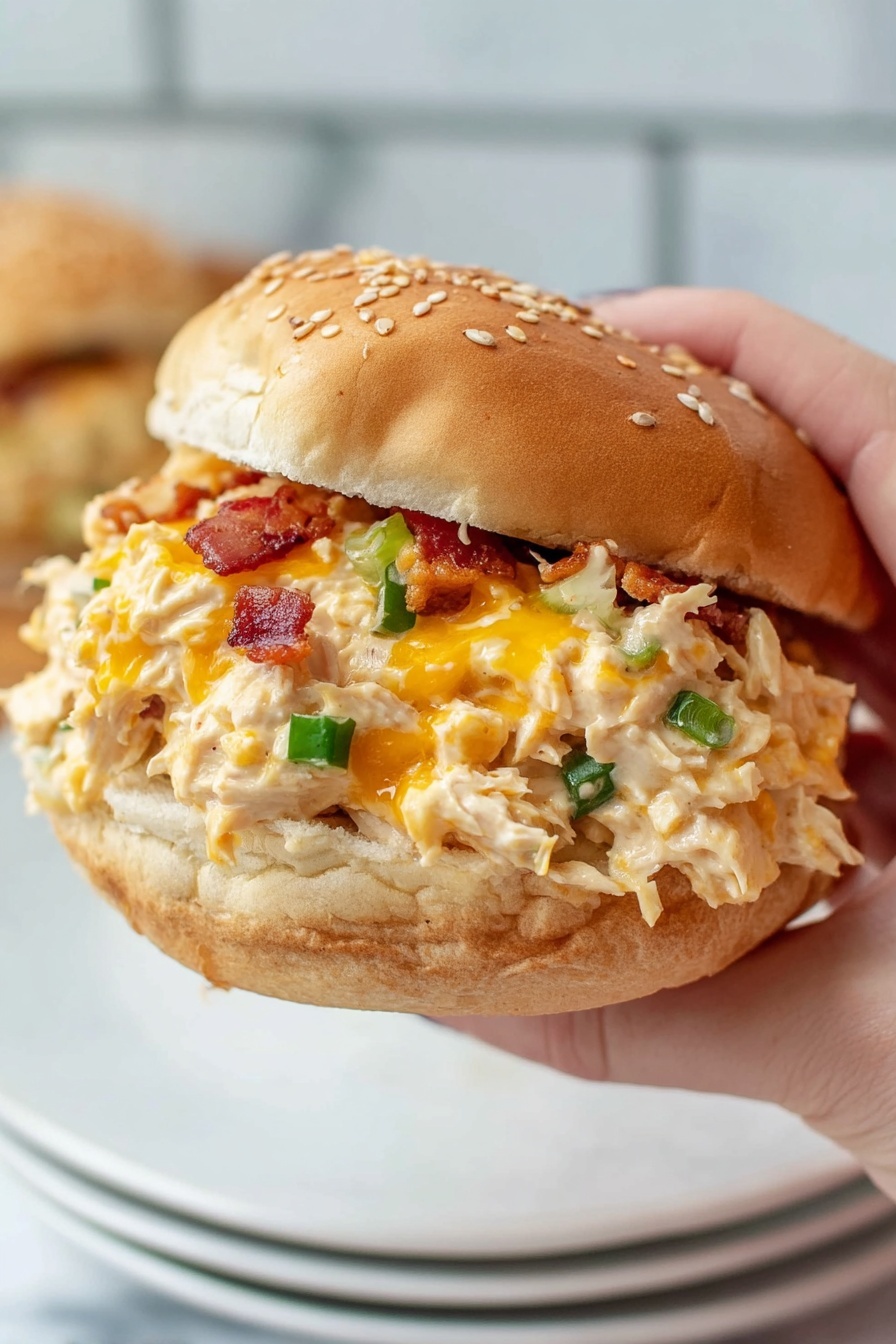 A sandwich with three clear layers sits on a white plate on a white marbled surface. The bottom layer is a soft, light brown sandwich bun. Above it is a thick layer of shredded white meat mixed with melted orange cheese and small chunks of crispy bacon, giving a textured mix of creamy and crunchy. The top layer is the bun's top half, light brown with sesame seeds scattered on it. The whole sandwich looks soft, juicy, and rich in flavor. Photo taken with an iphone --ar 2:3 --v 7 - Creamy Crockpot Crack Chicken, slow cooker crack chicken, easy crack chicken recipe, comfort food crockpot dish, cheesy shredded chicken